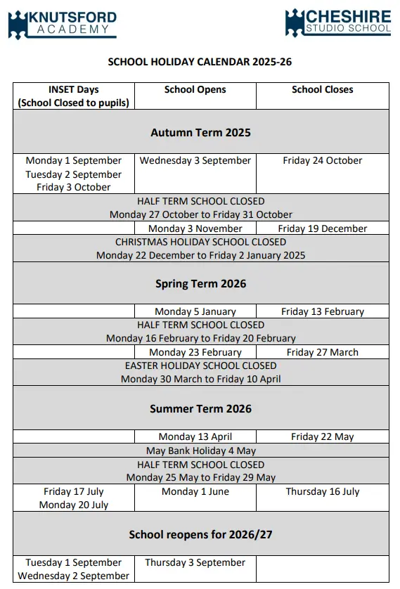 Knutsford Academy term dates
