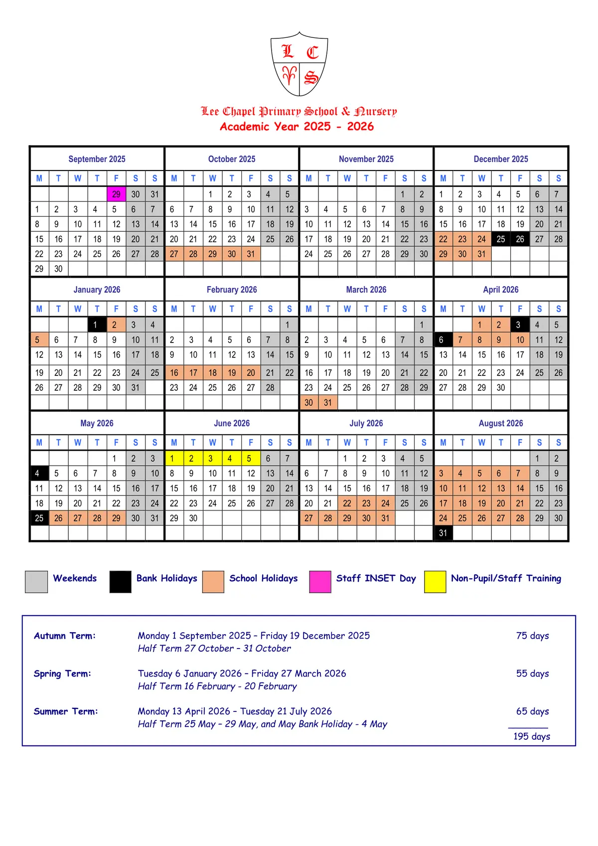 Lee Chapel Primary School term dates