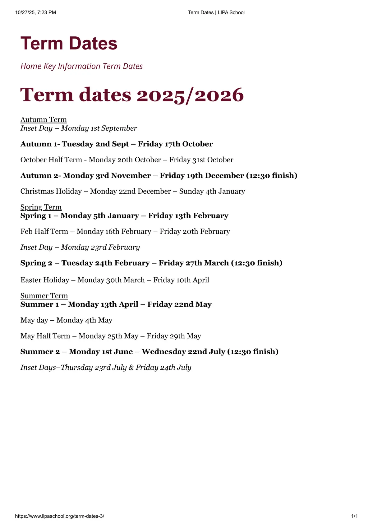 LIPA School term dates
