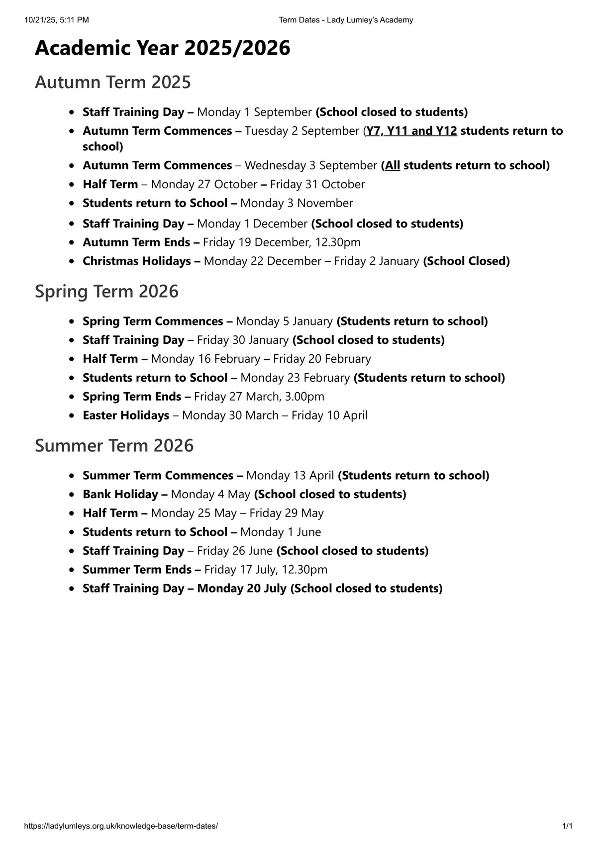 Lady Lumley's Academy term dates