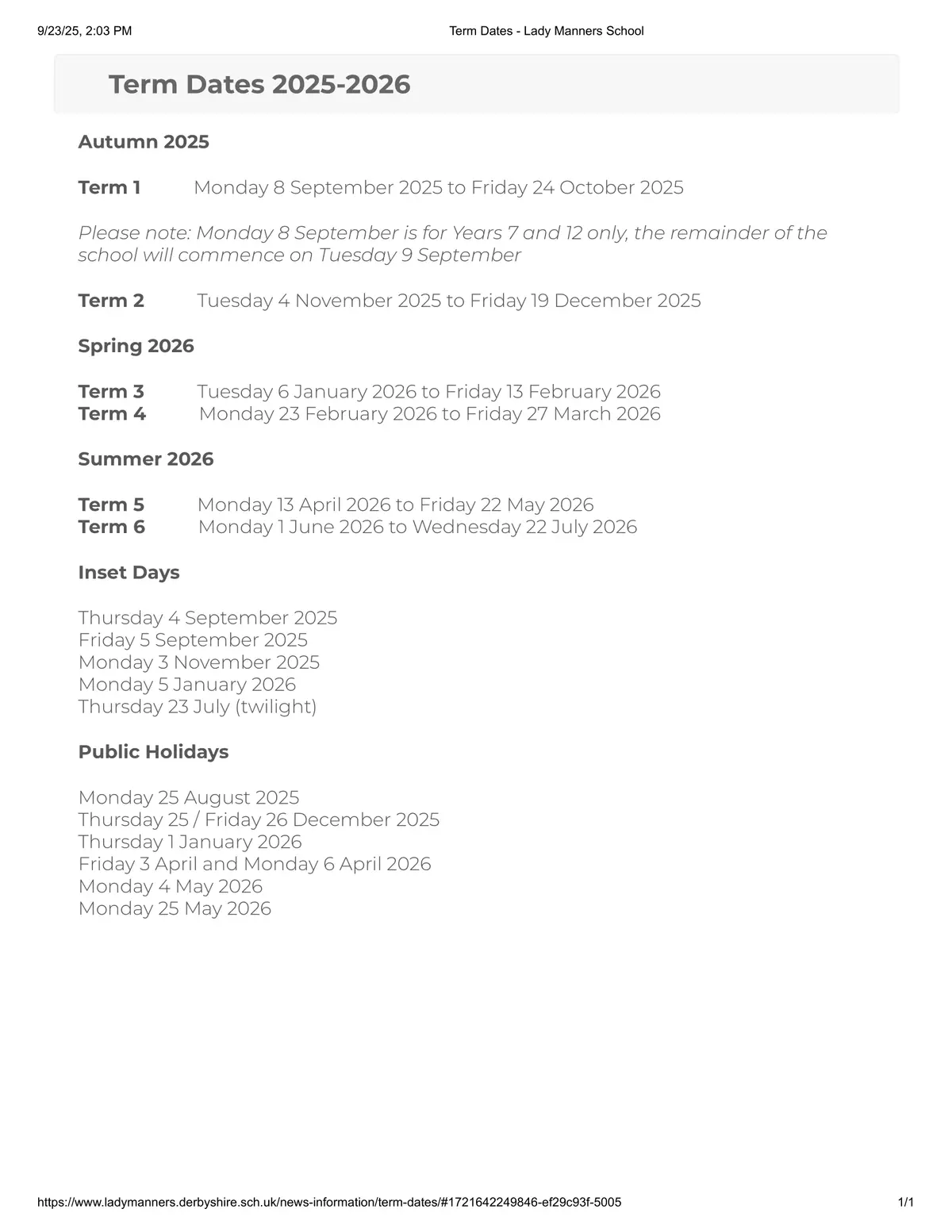 Lady Manners School term dates