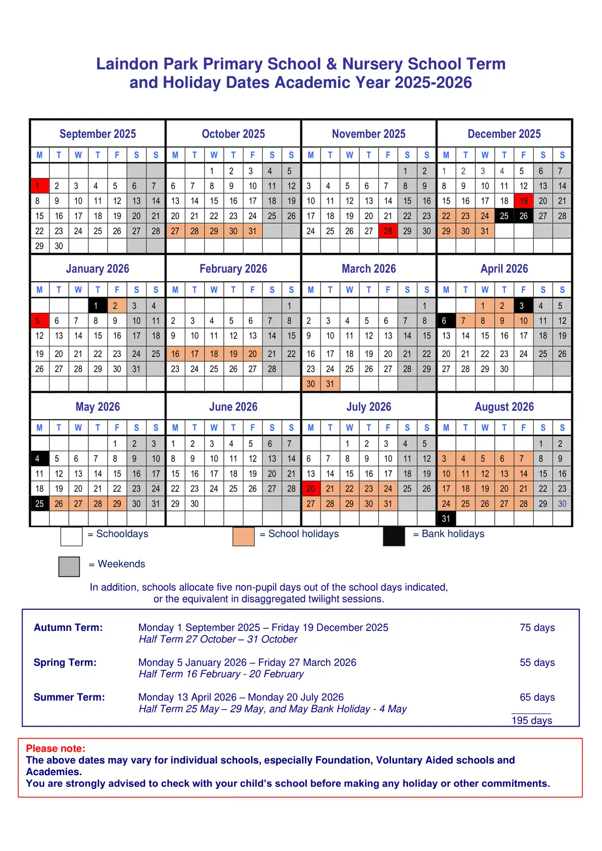 Laindon Park Primary School & Nursery term dates