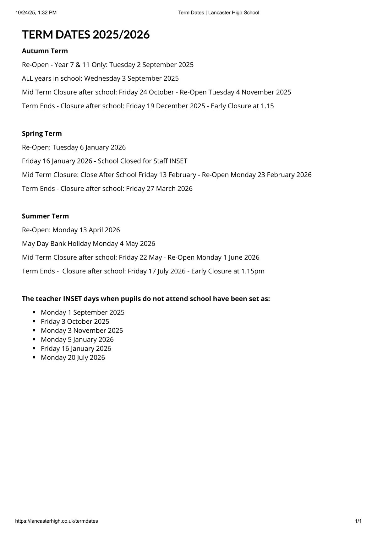 Lancaster High School term dates