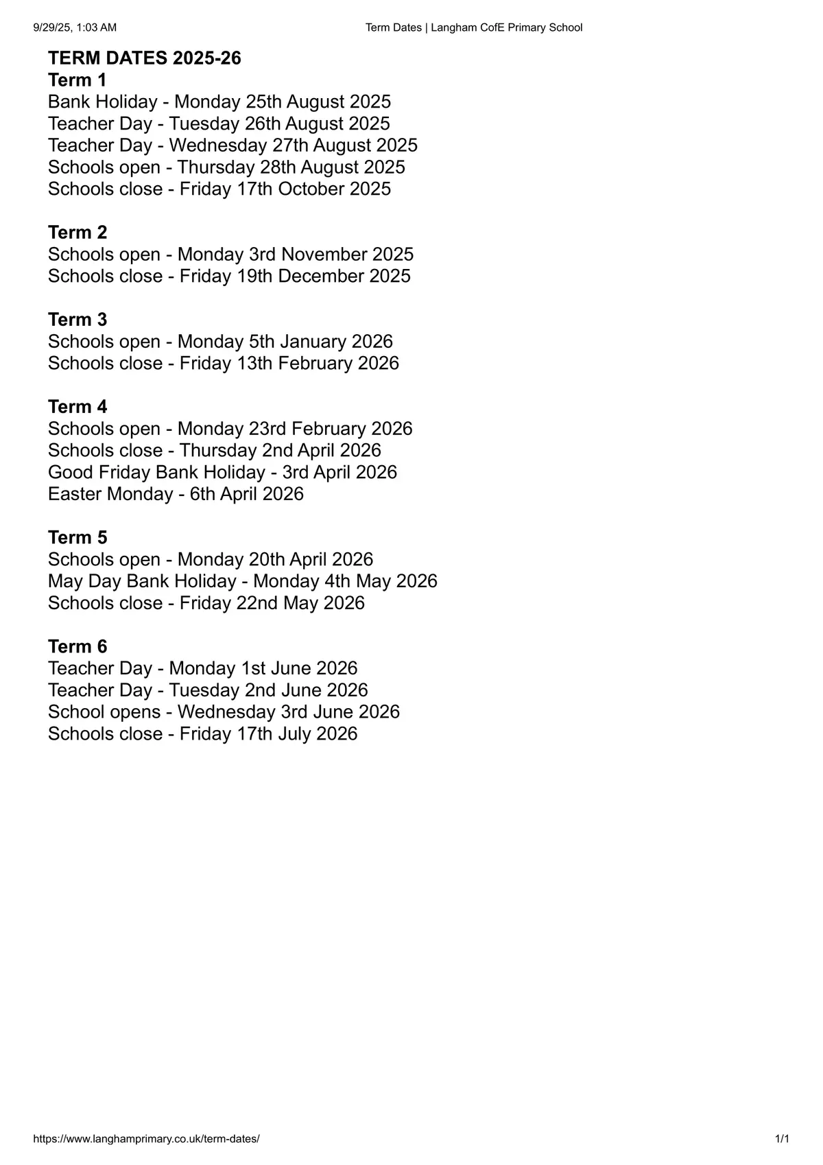 Langham CofE (Controlled) Primary School term dates