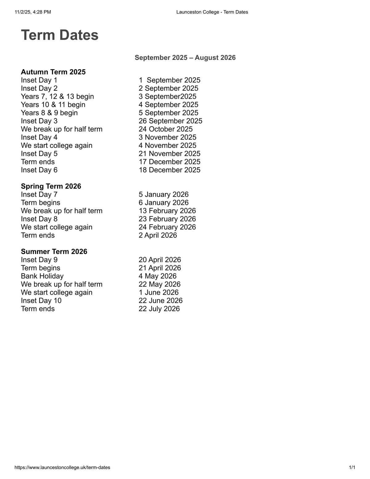 Launceston College term dates