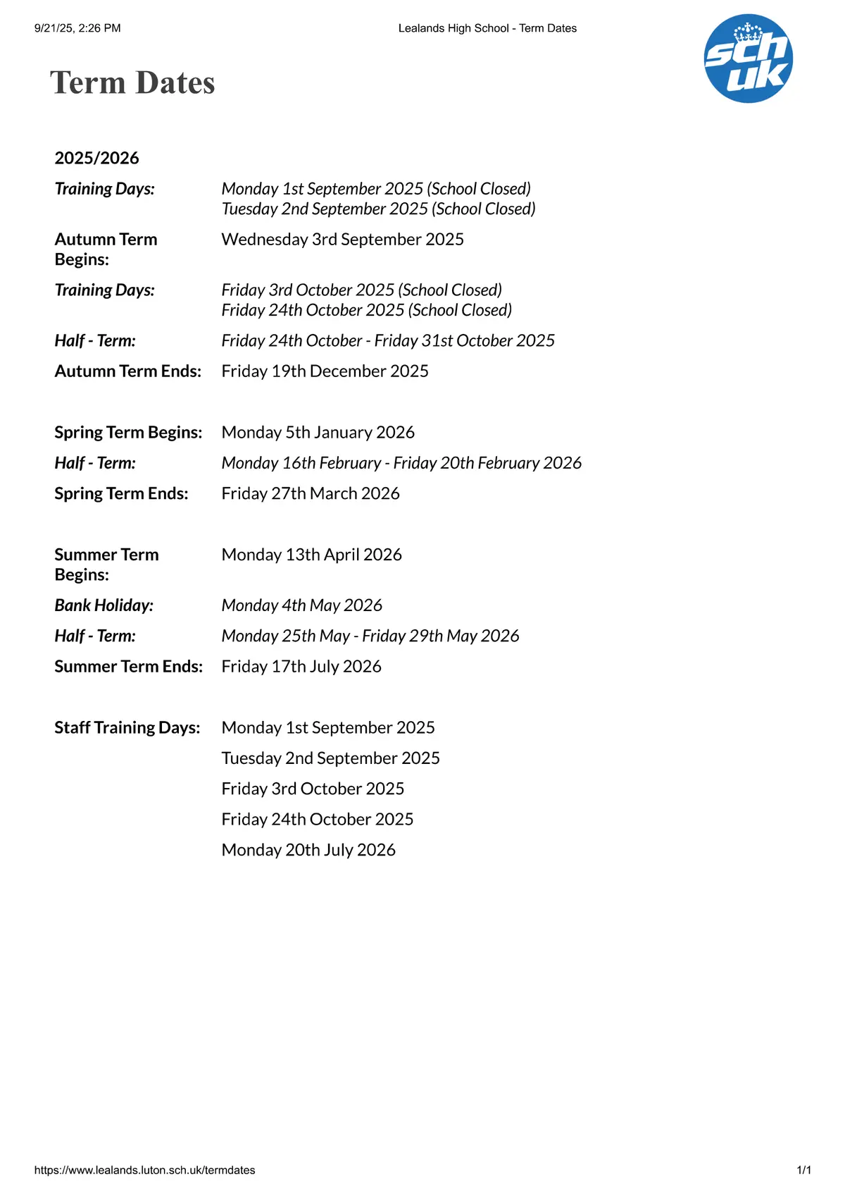 Lealands High School term dates