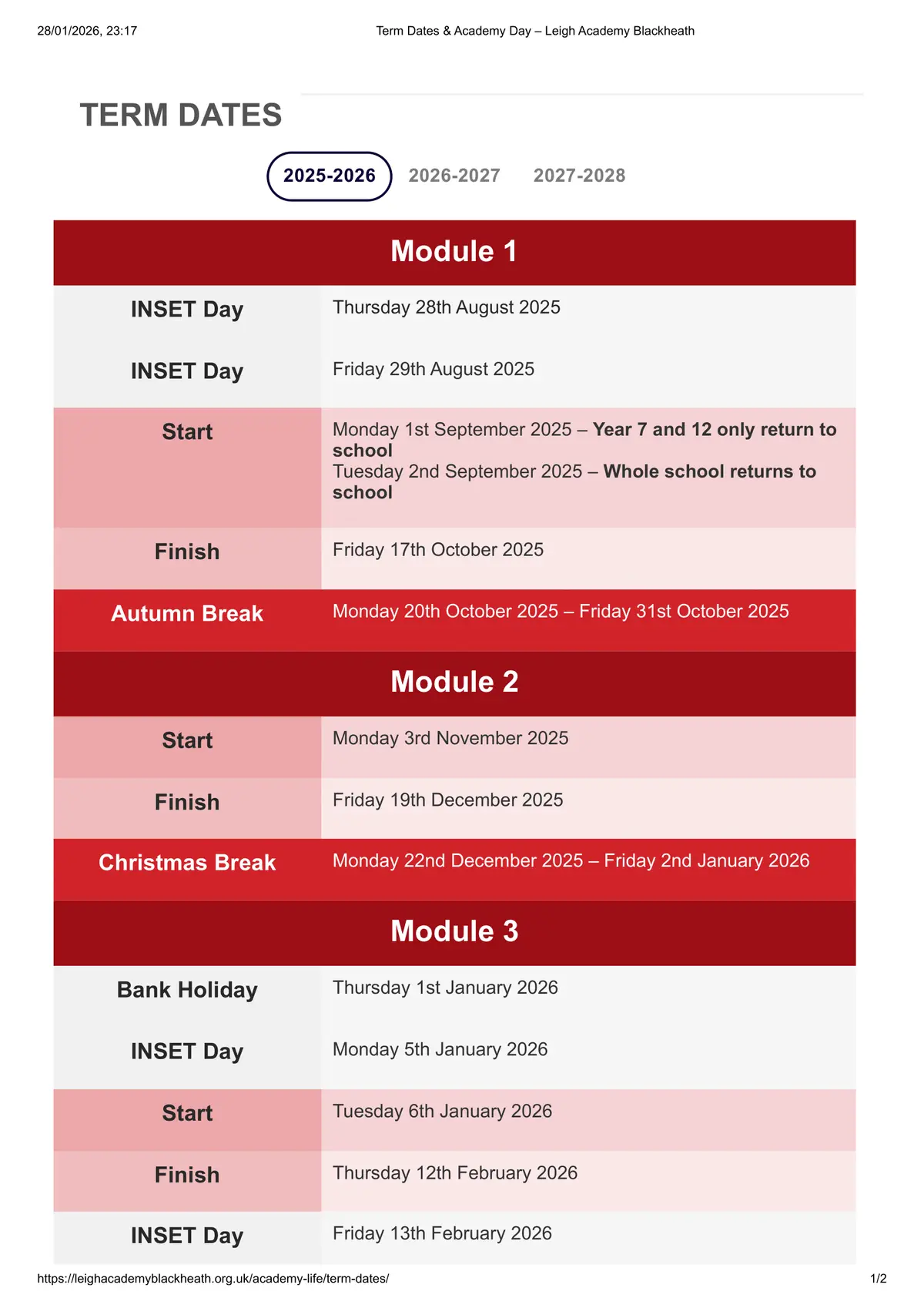 Leigh Academy Blackheath term dates