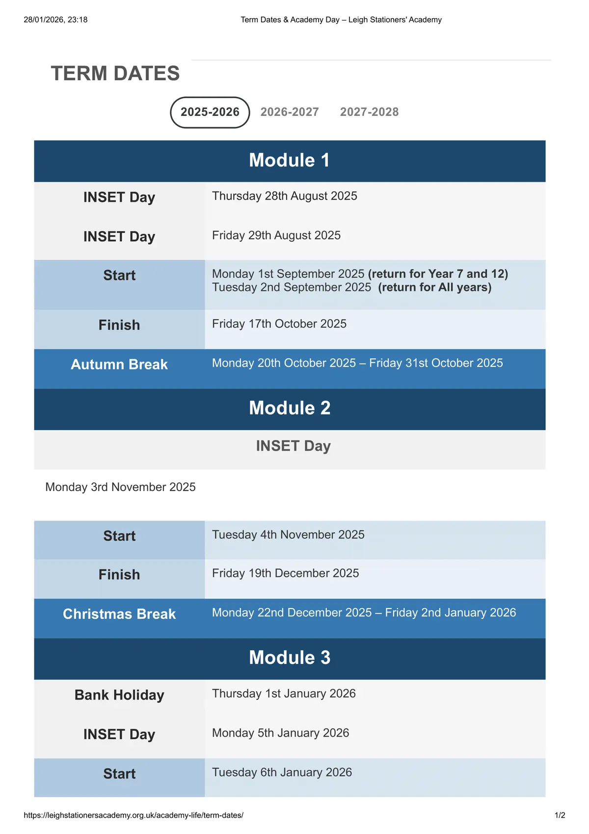 Leigh Stationers' Academy term dates