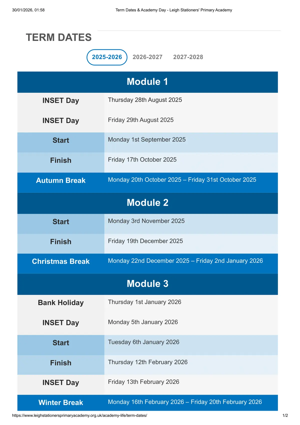 Leigh Stationers' Primary Academy term dates