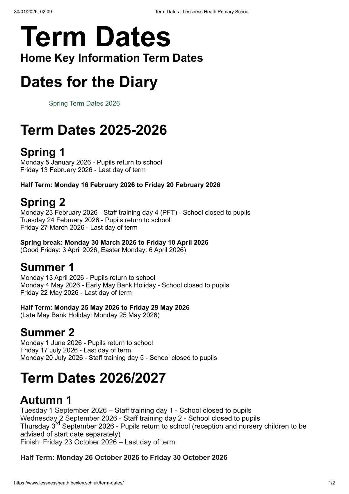 Lessness Heath Primary School term dates