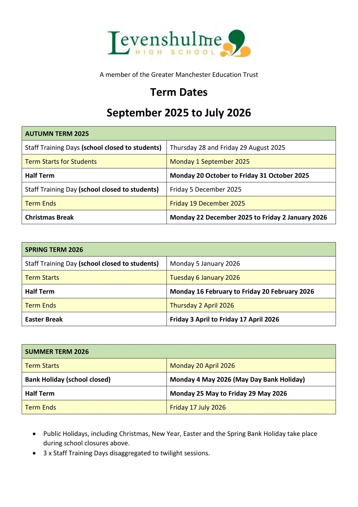 Levenshulme High School term dates
