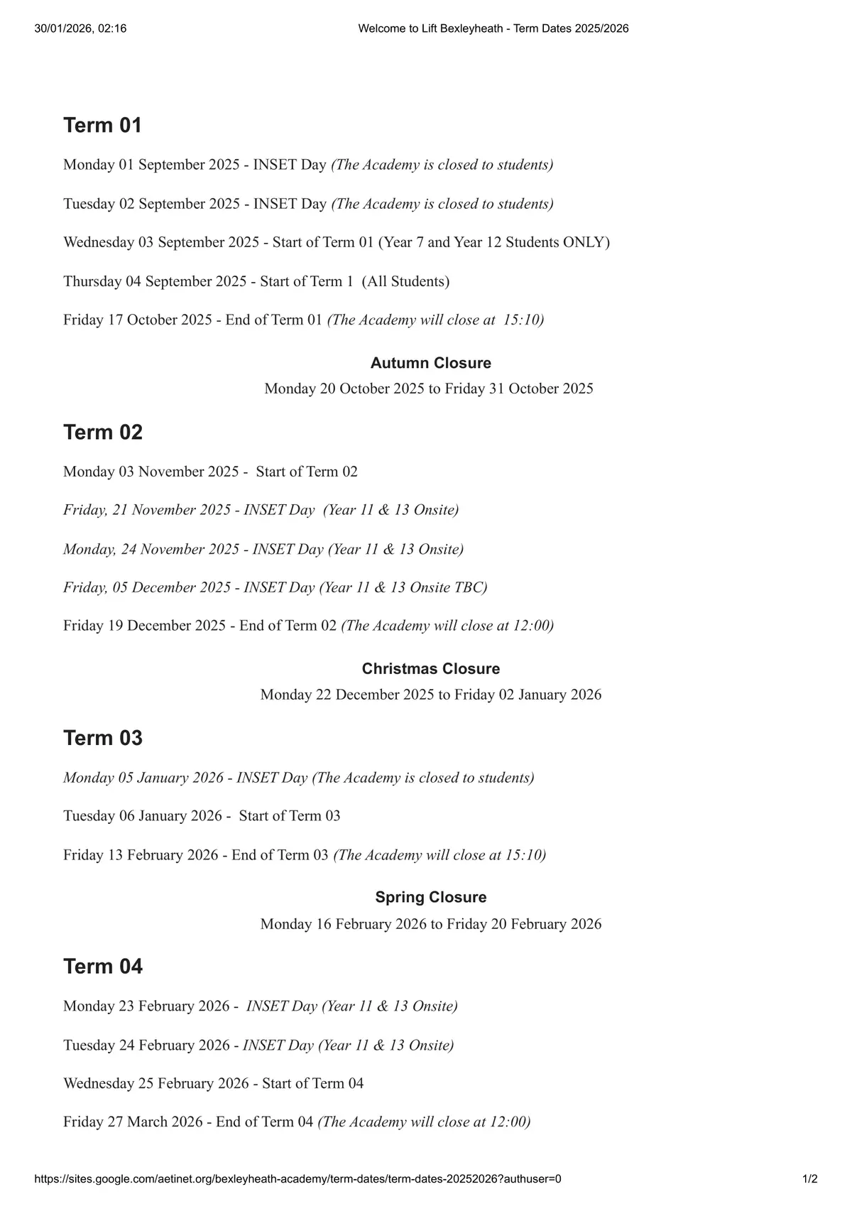 Lift Bexleyheath term dates