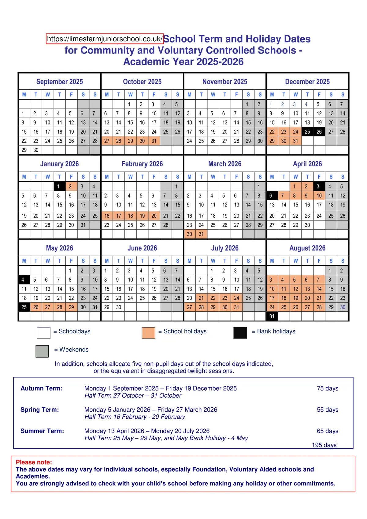Limes Farm Junior School term dates