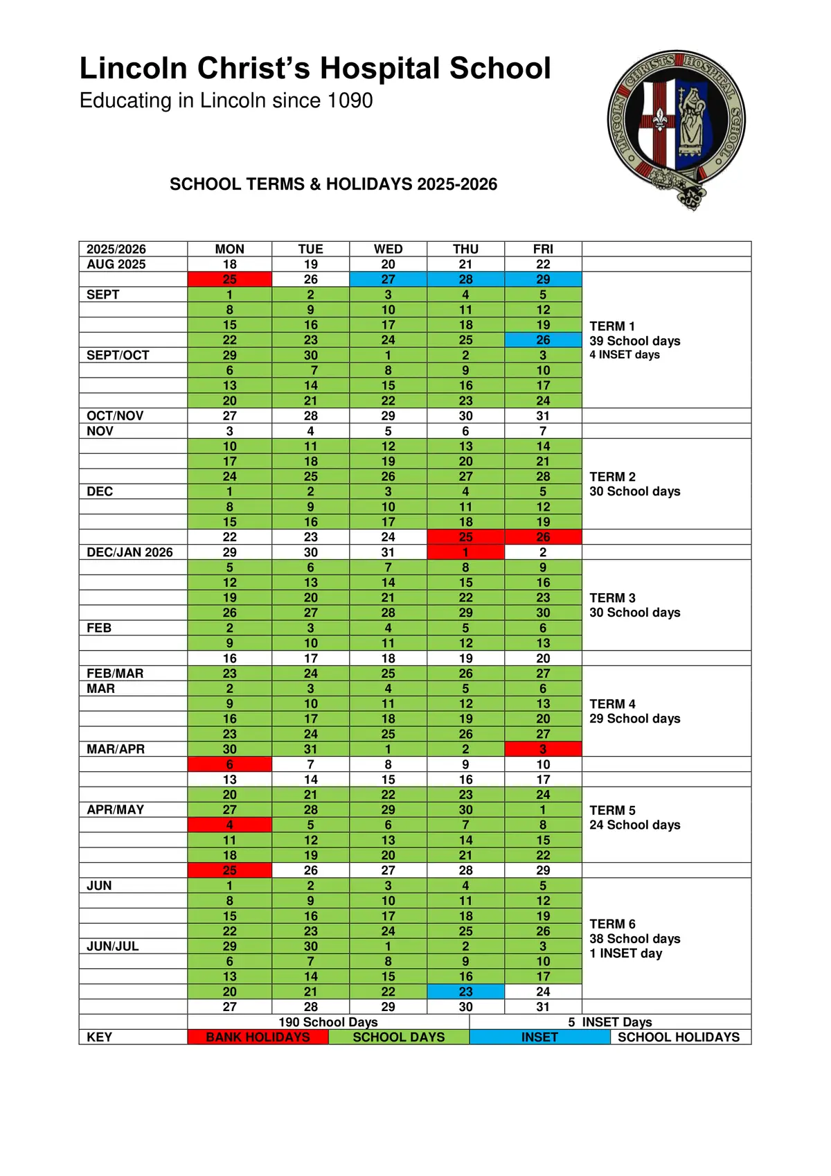 Lincoln Christ's Hospital School term dates