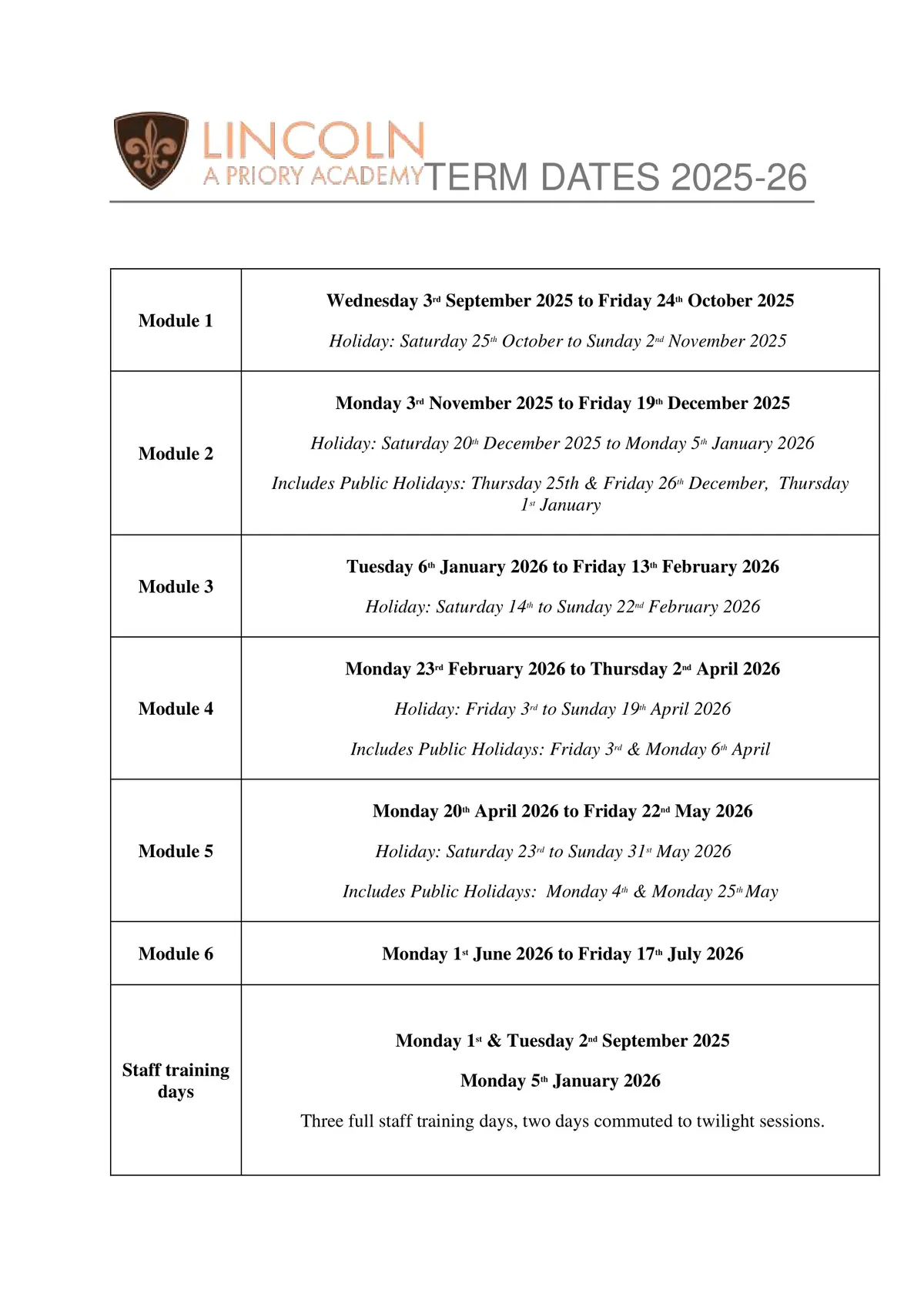 The Priory City of Lincoln Academy term dates