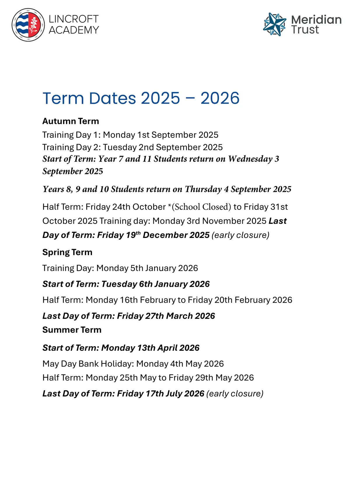 Lincroft Academy term dates