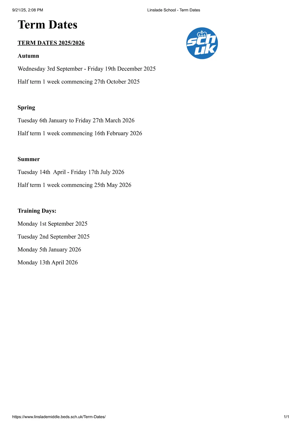 Linslade School term dates