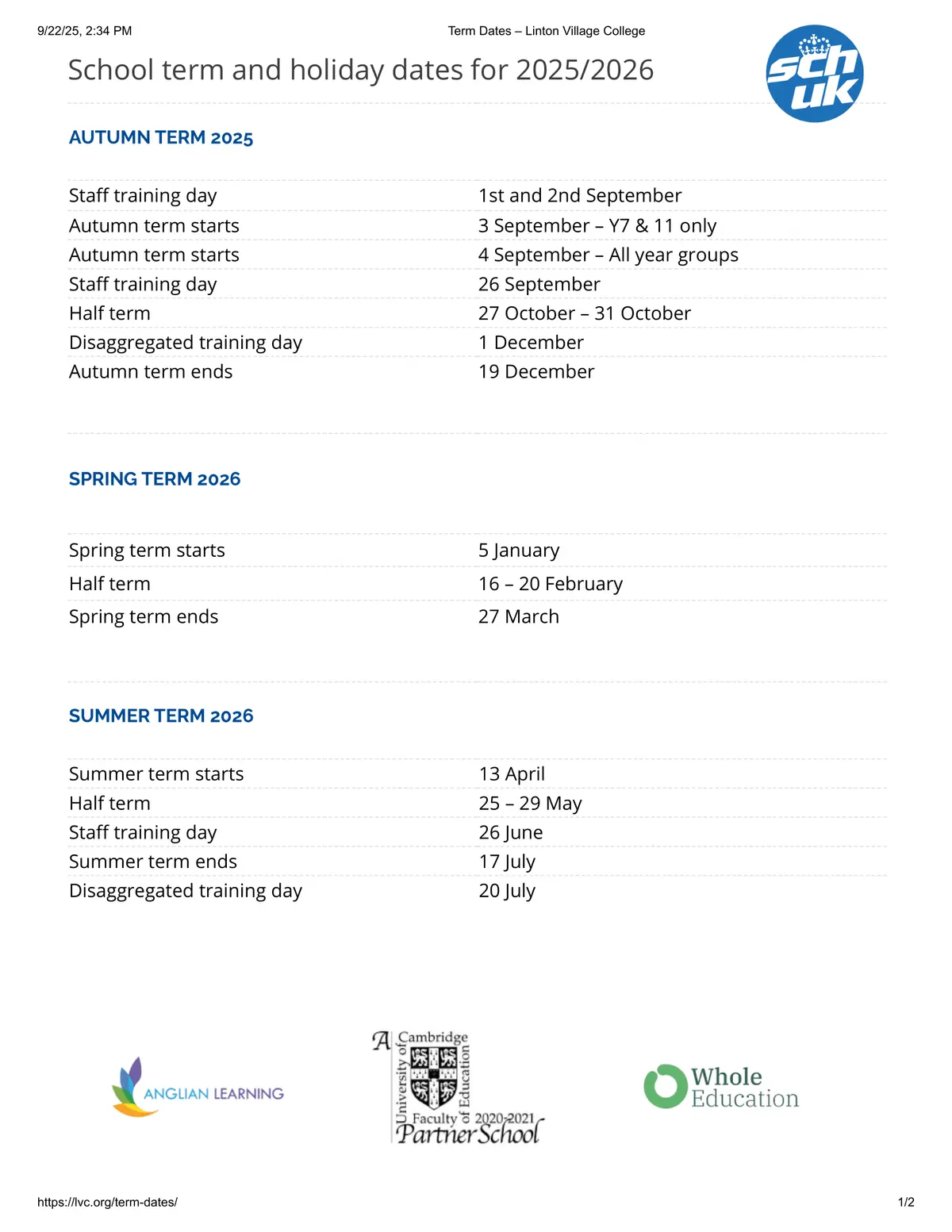 Linton Village College term dates