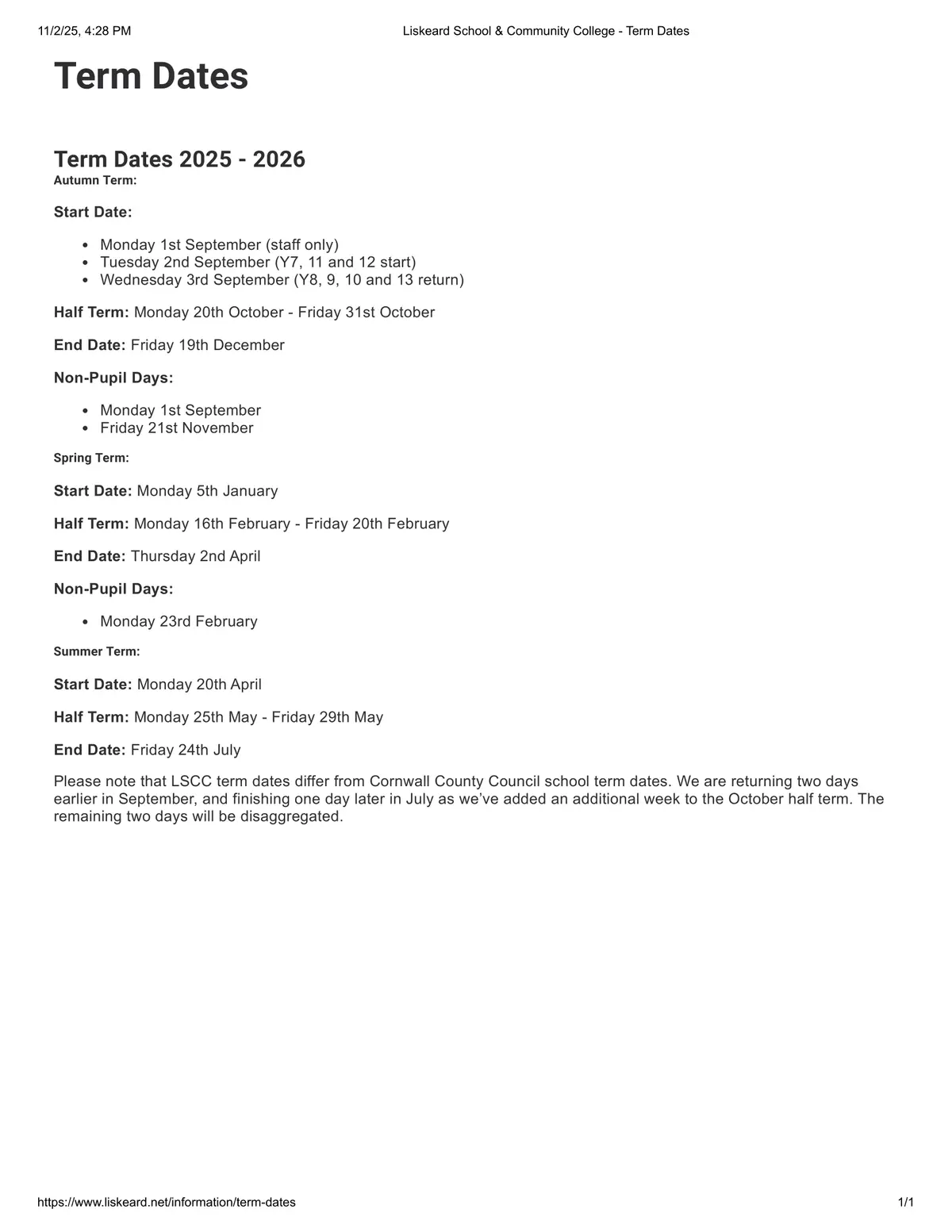 Liskeard School and Community College term dates