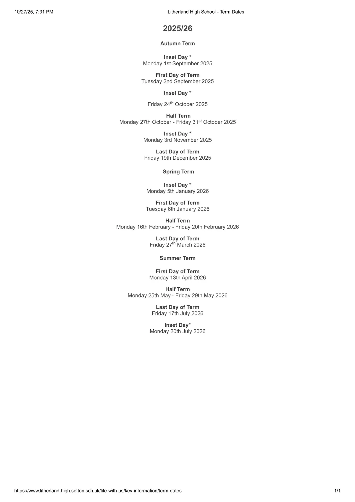 Litherland High School term dates