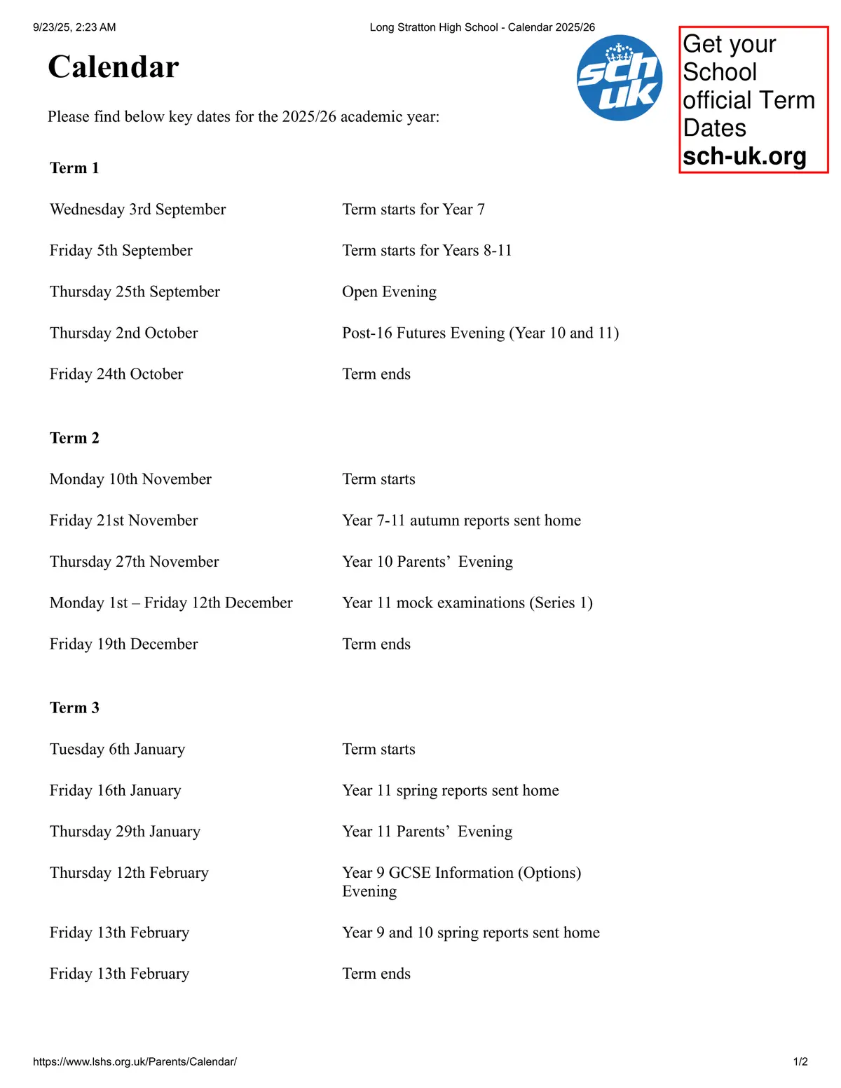 Long Stratton High School term dates