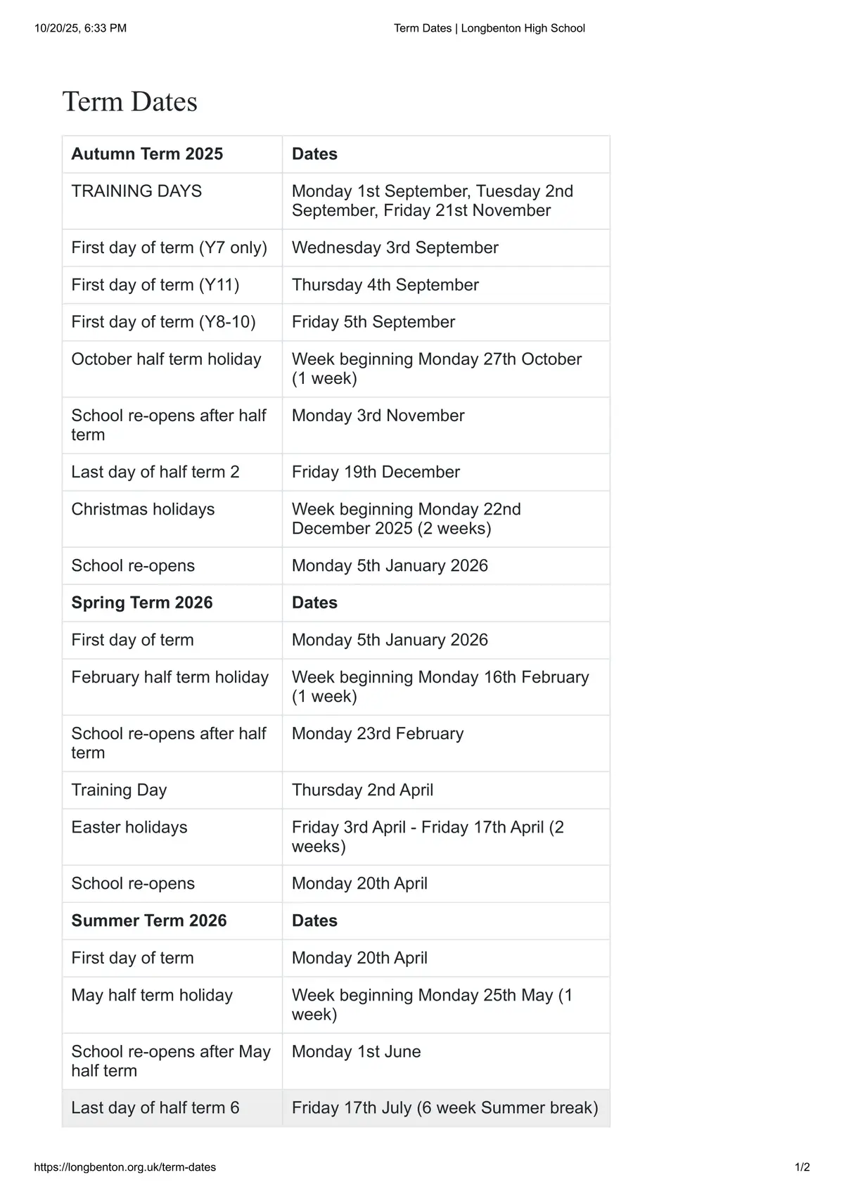 Longbenton High School term dates