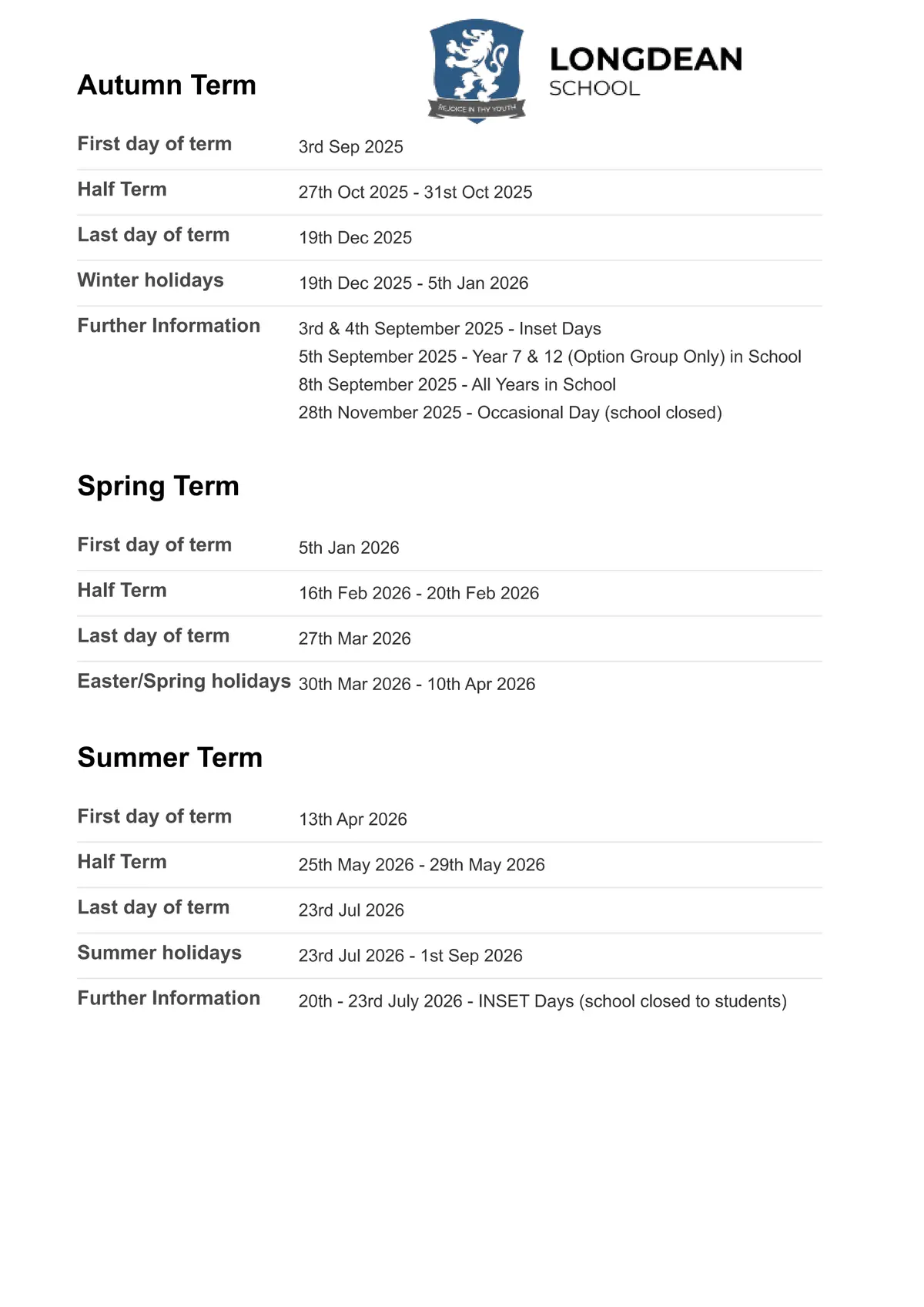 Longdean School term dates