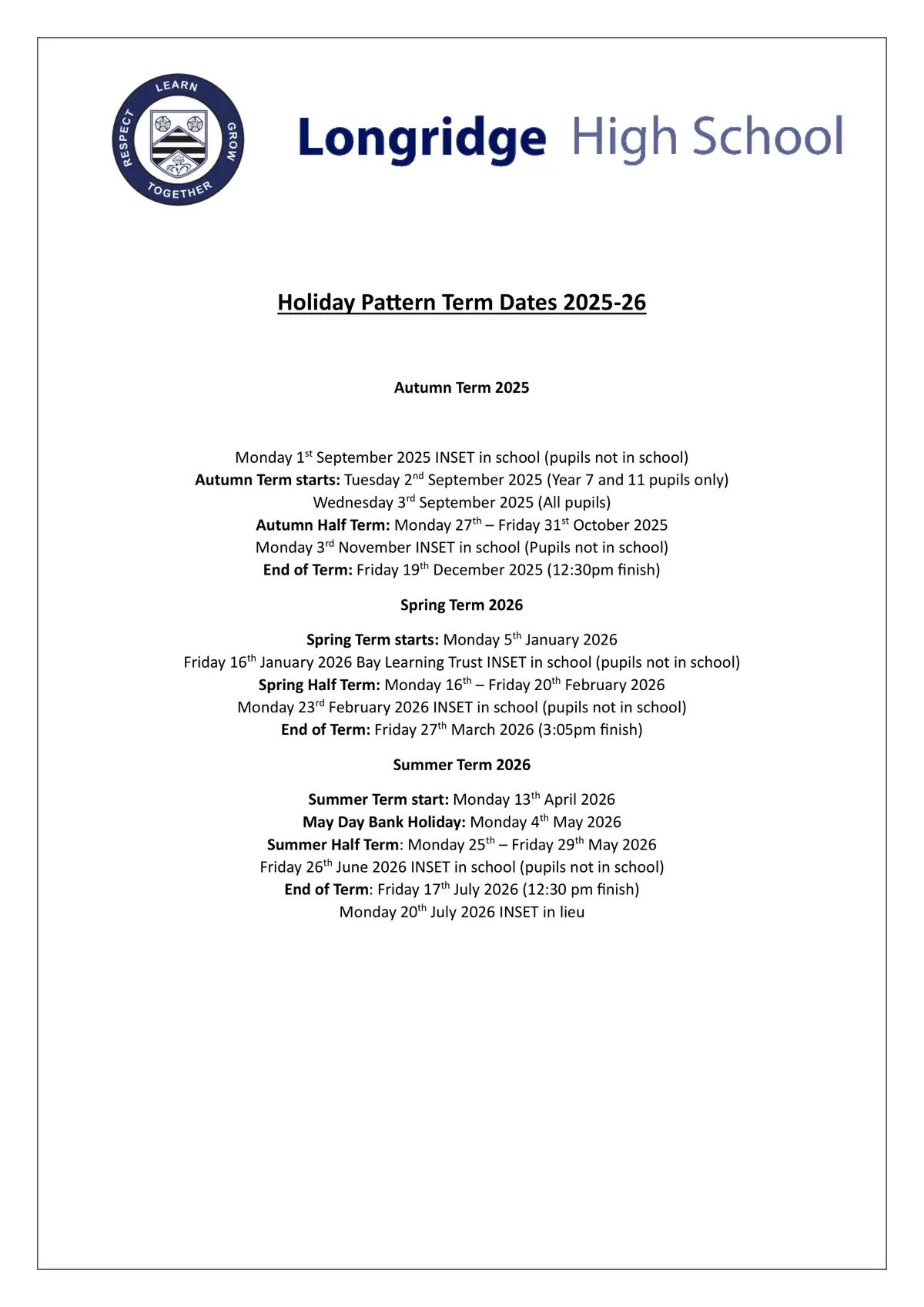 Longridge High School term dates