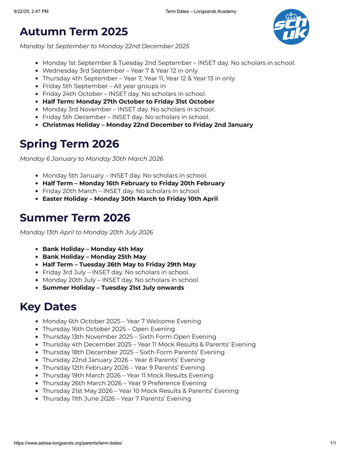 Longsands Academy term dates