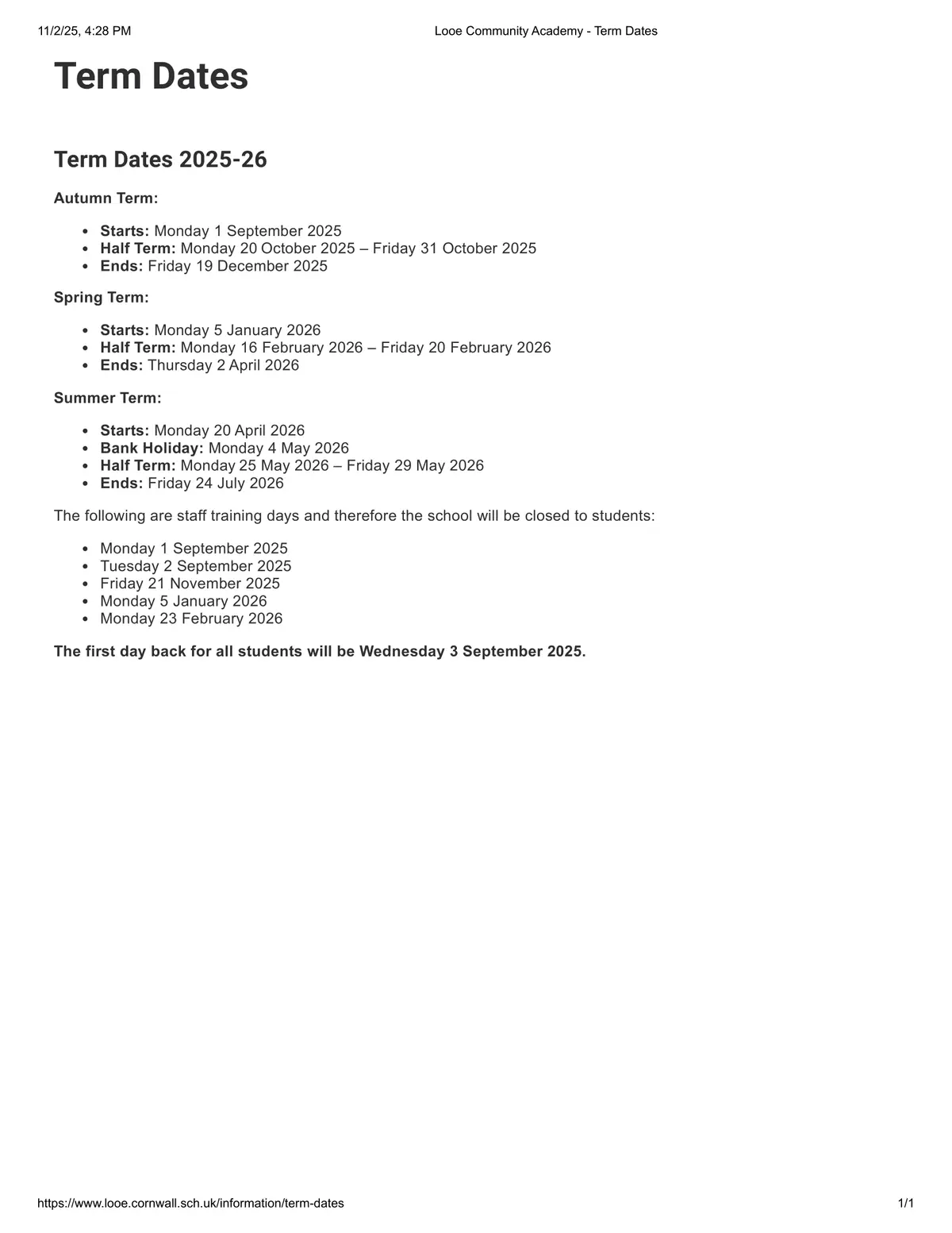 Looe Community Academy term dates