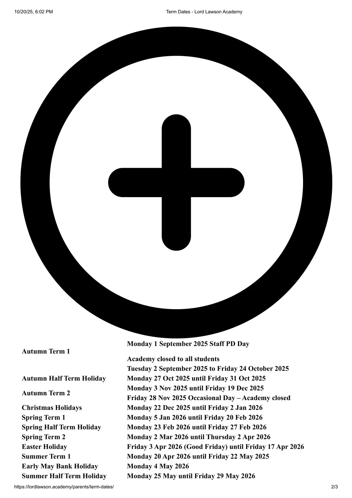 Lord Lawson of Beamish Academy term dates