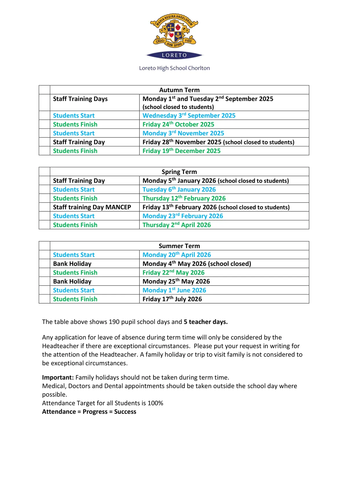 Loreto High School Chorlton term dates