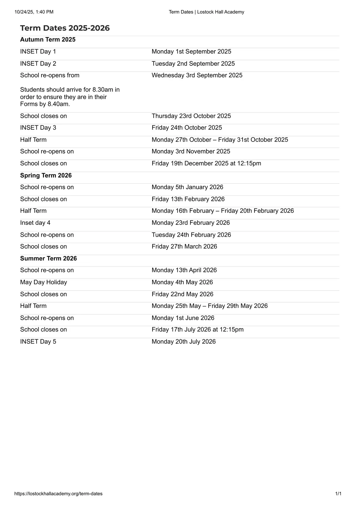 Lostock Hall Academy term dates