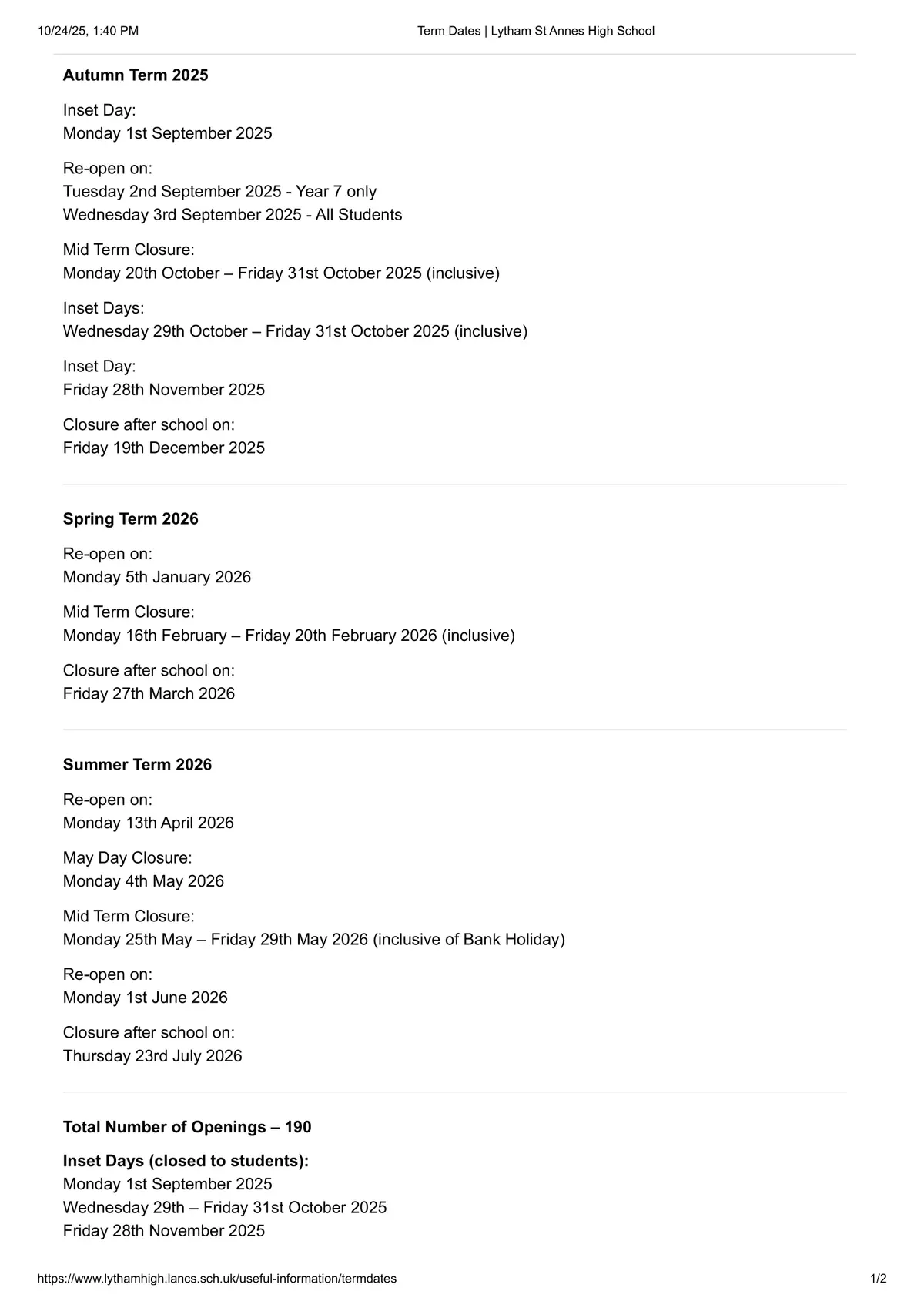 Lytham St Annes High School term dates