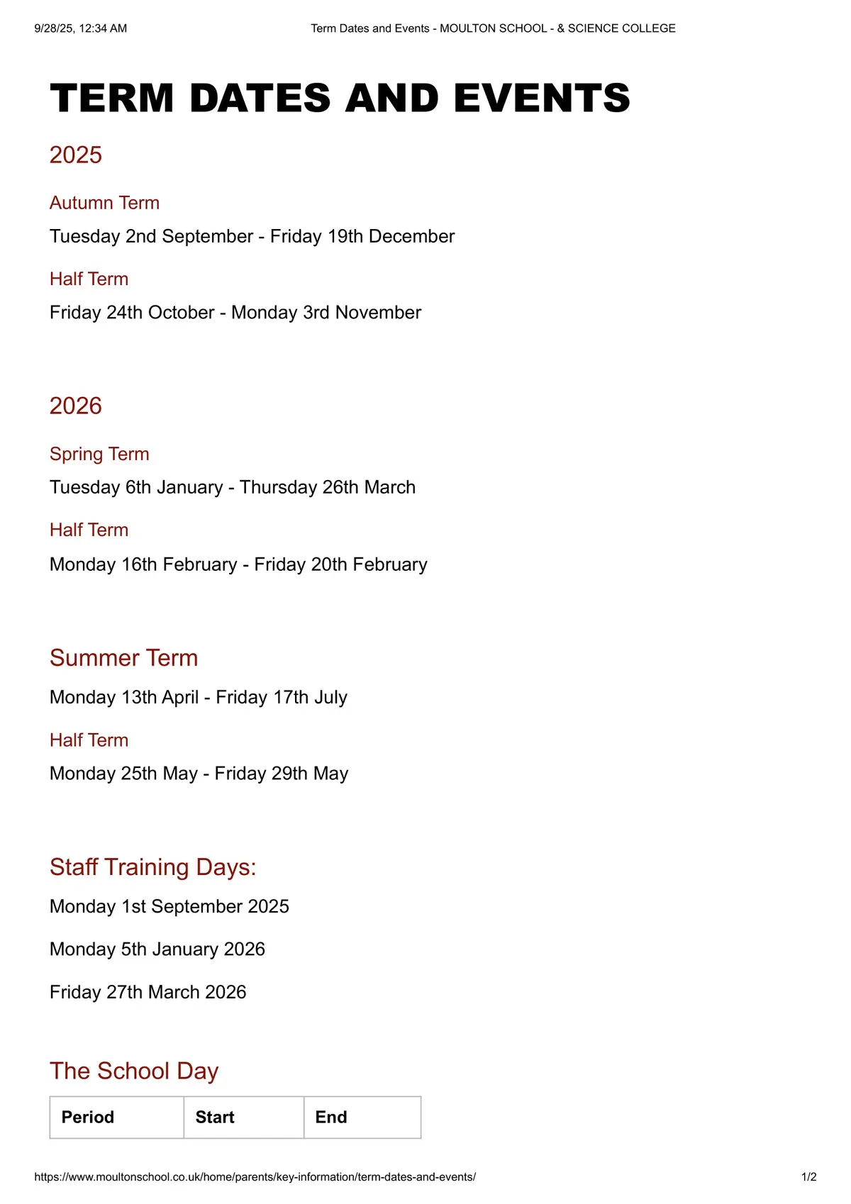 Moulton School and Science College term dates