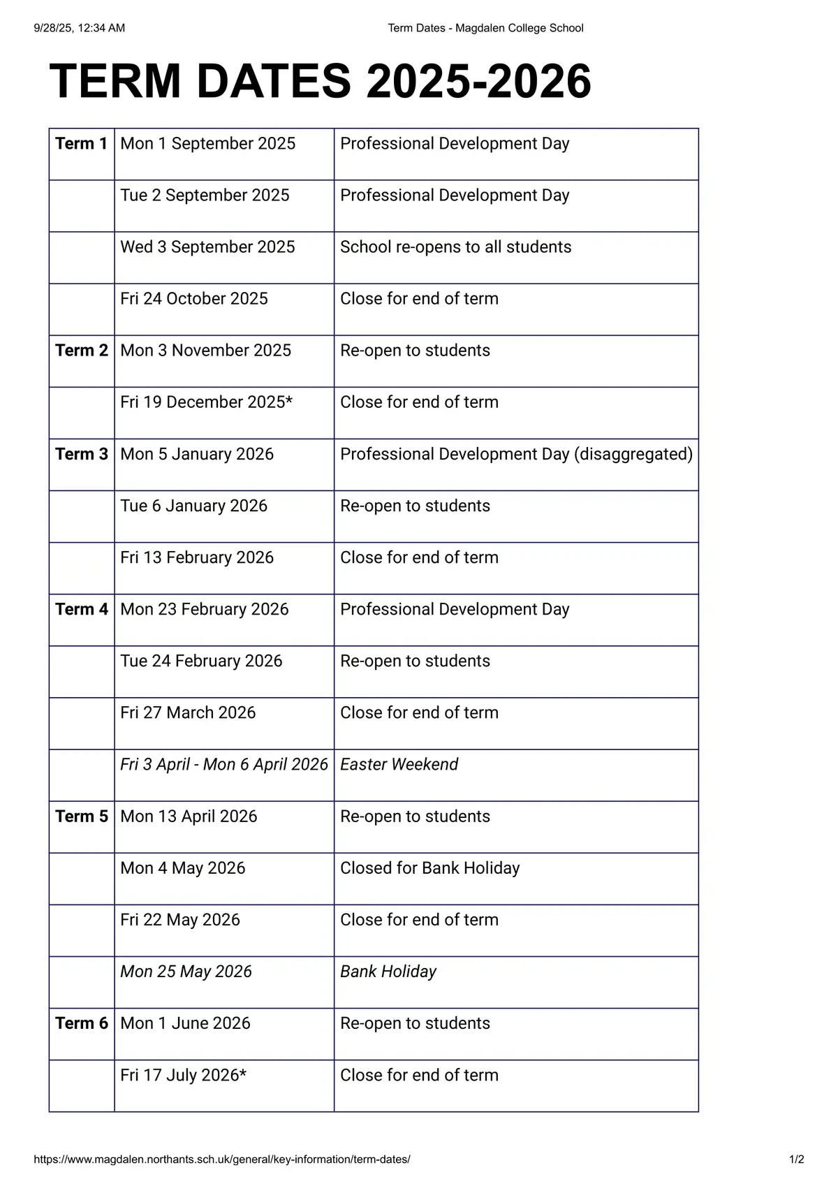 Magdalen College School term dates