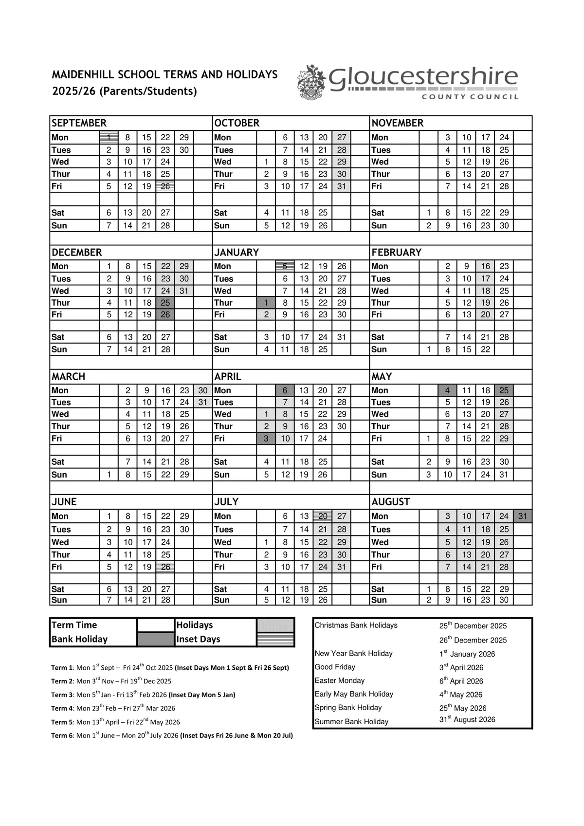 Maidenhill School term dates