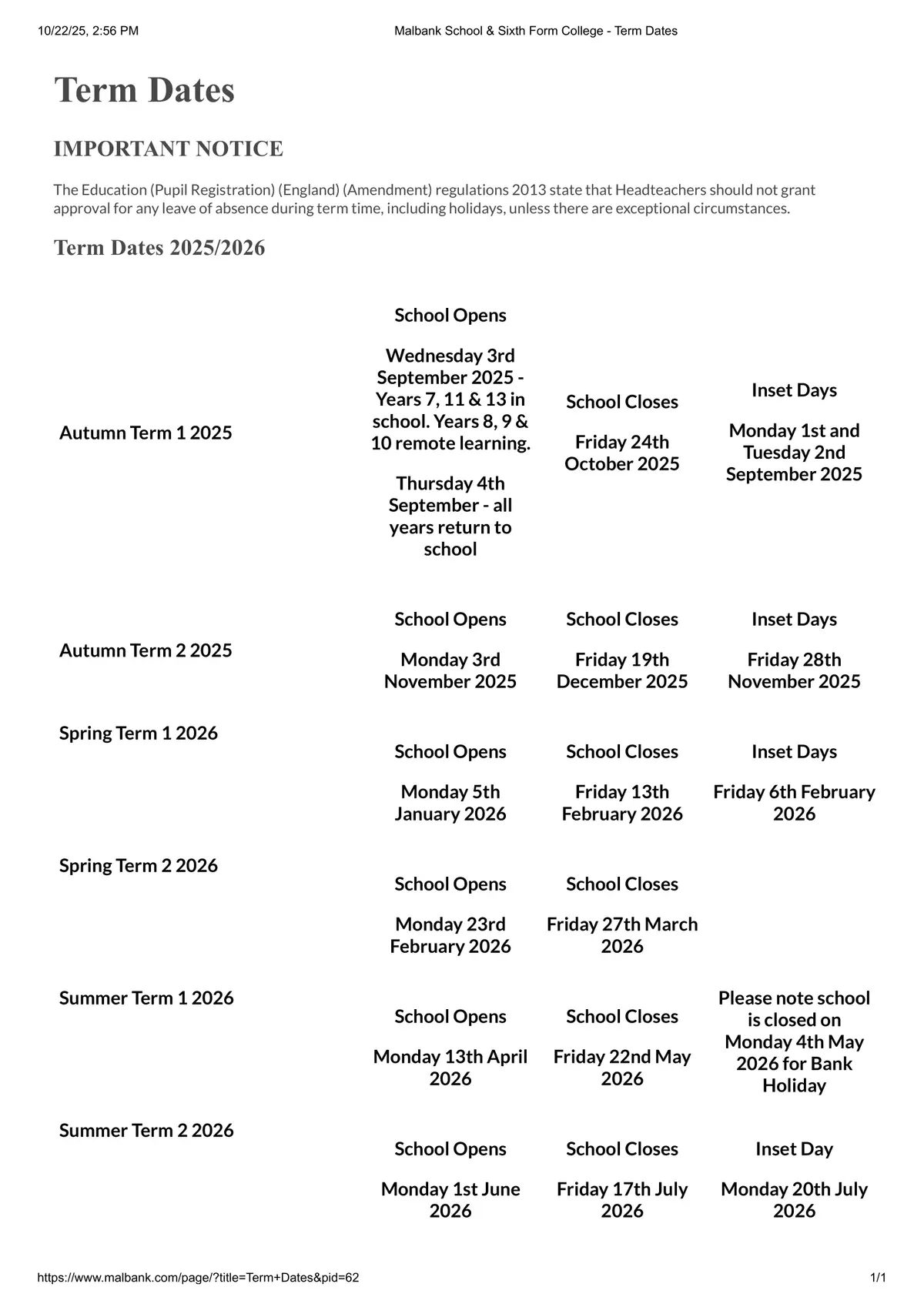Malbank School and Sixth Form College term dates