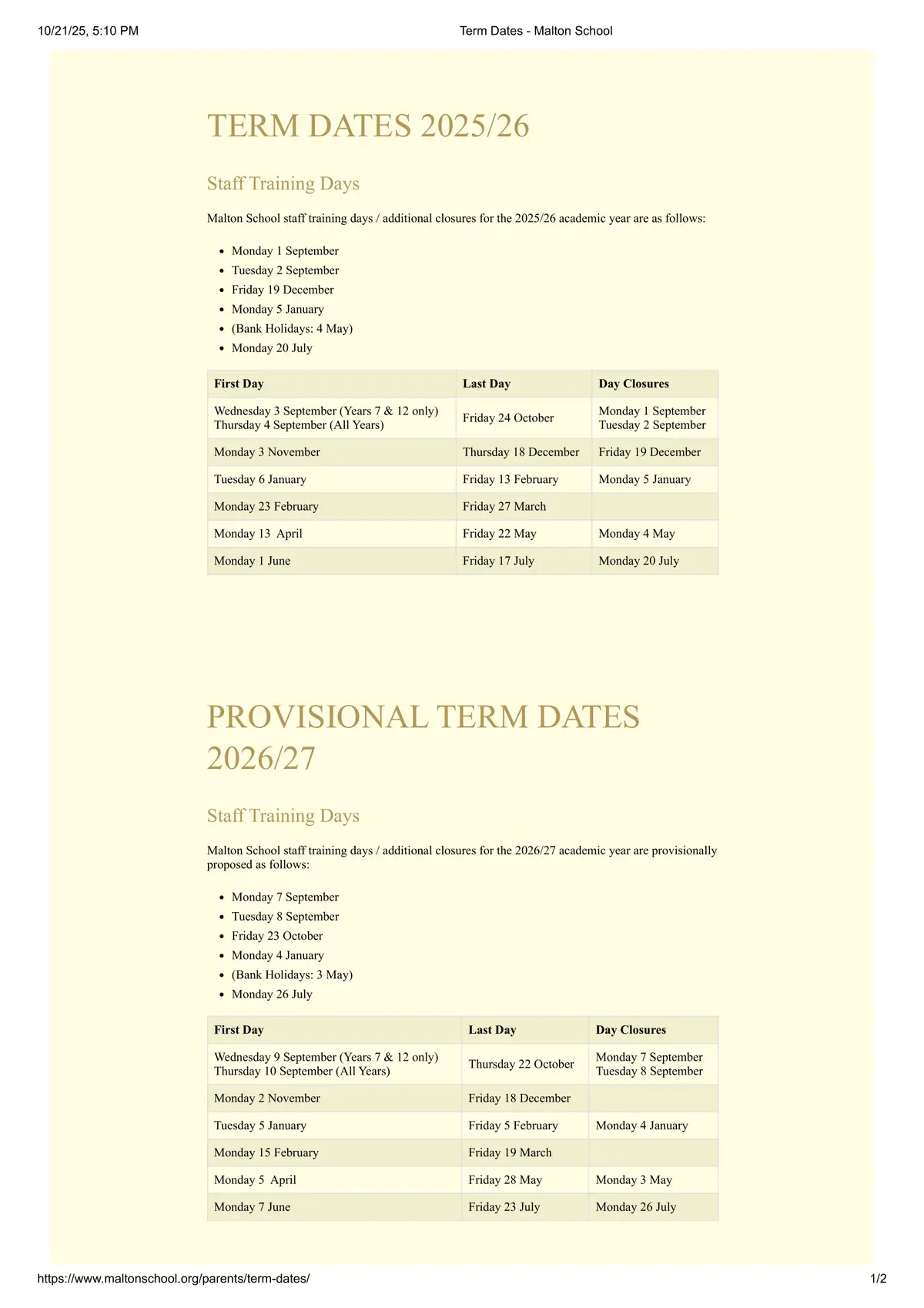Malton School term dates