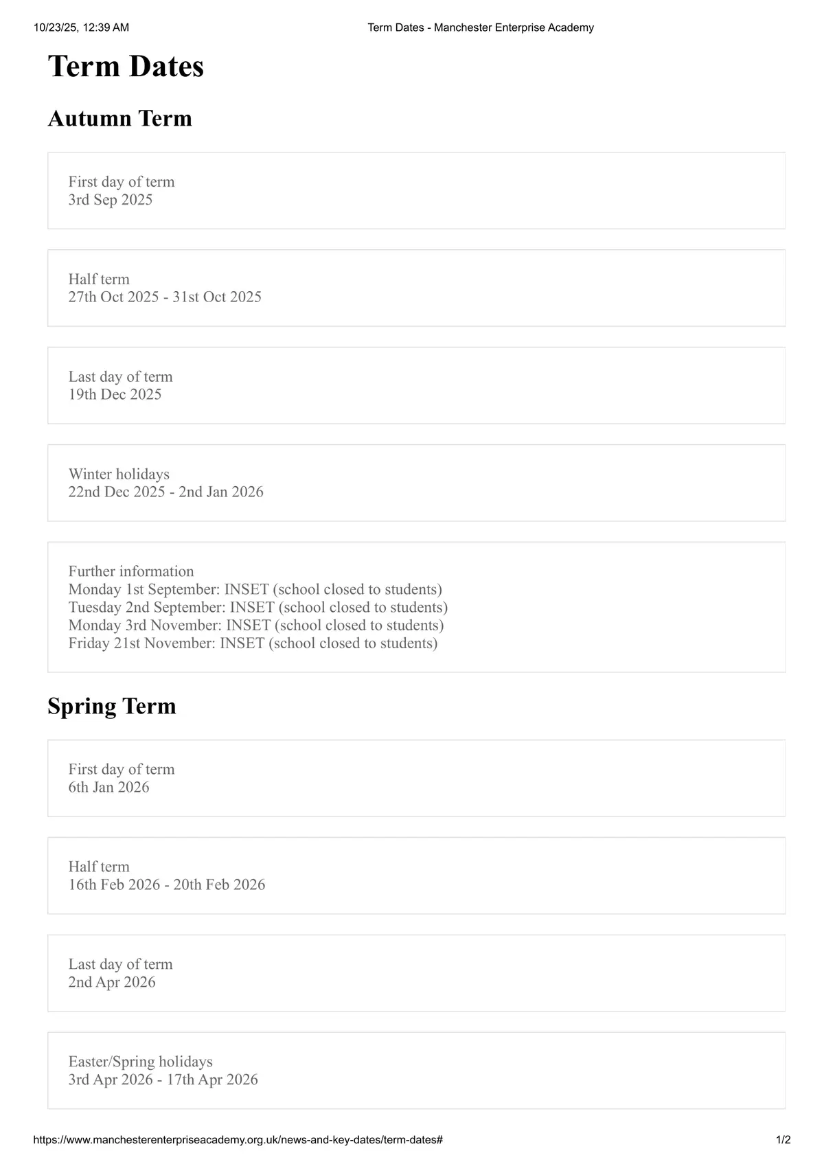 Manchester Enterprise Academy term dates