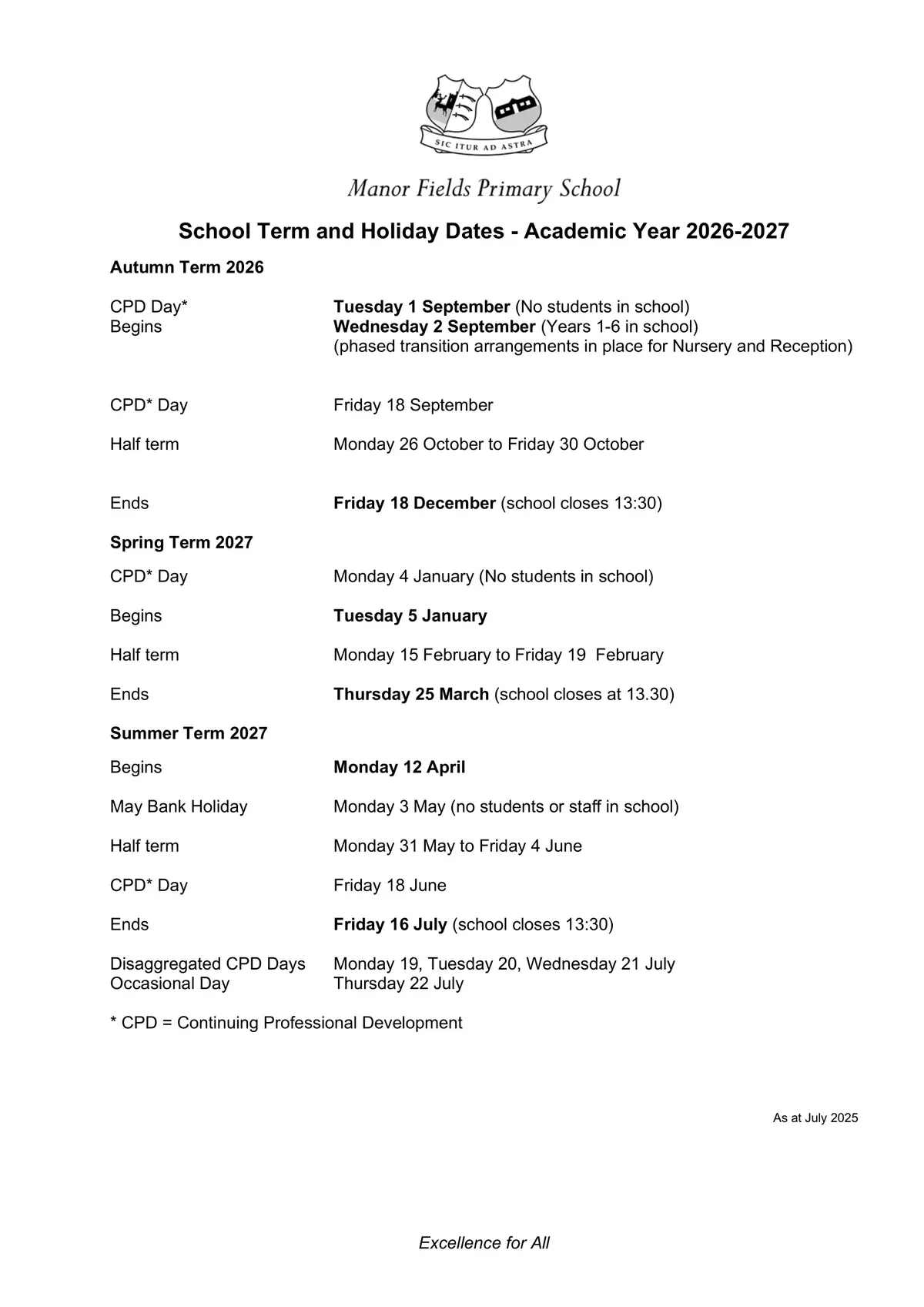 Manor Fields Primary School term dates