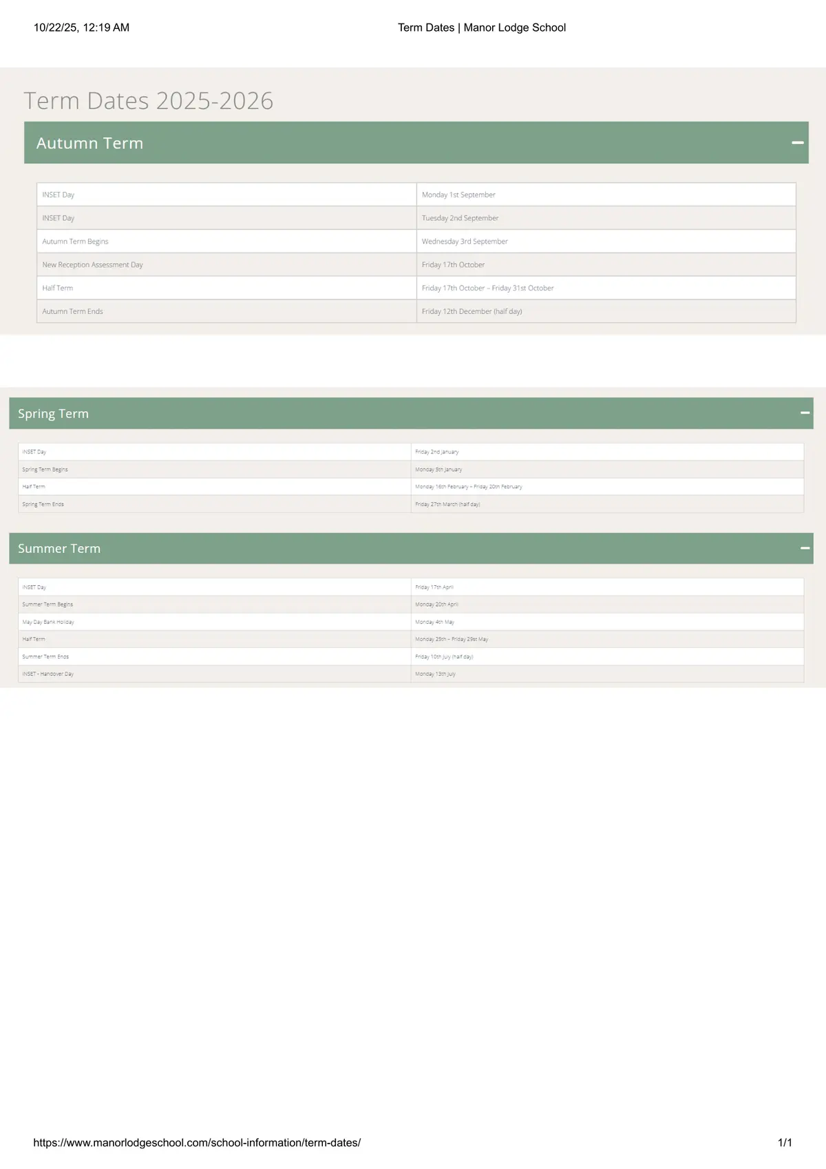 Manor Lodge School term dates