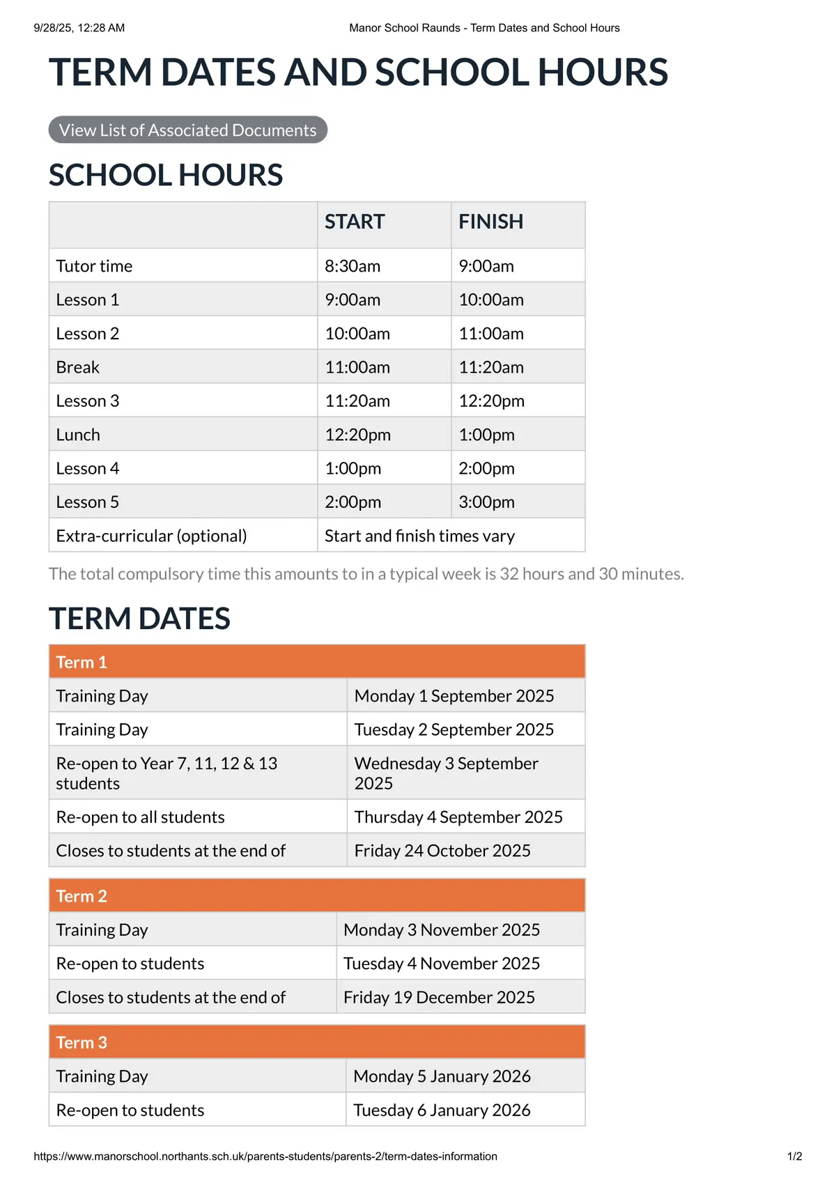 Manor School term dates