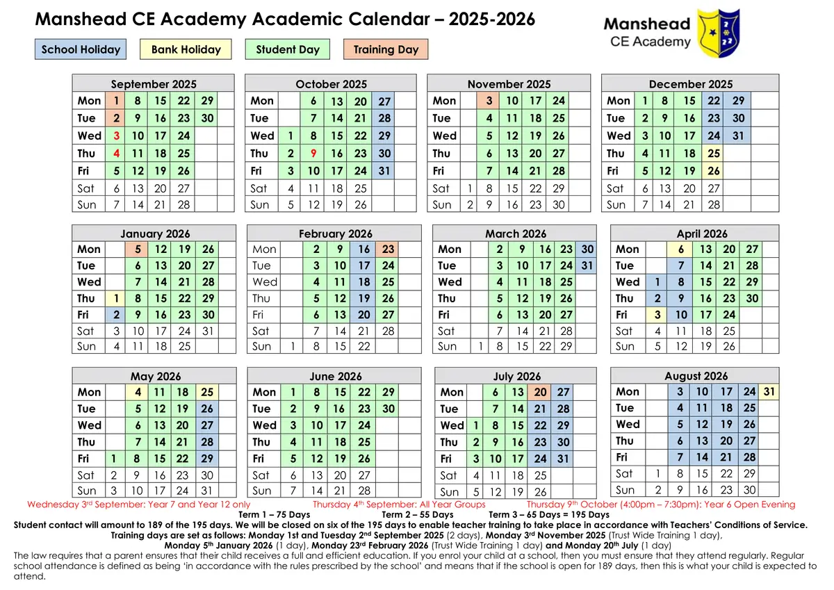Manshead Church of England Academy term dates