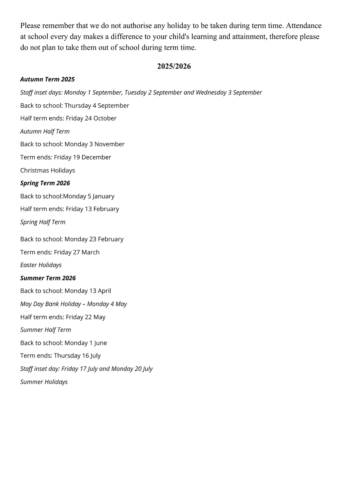 Margaretting Church of England Voluntary Controlled Primary School term dates