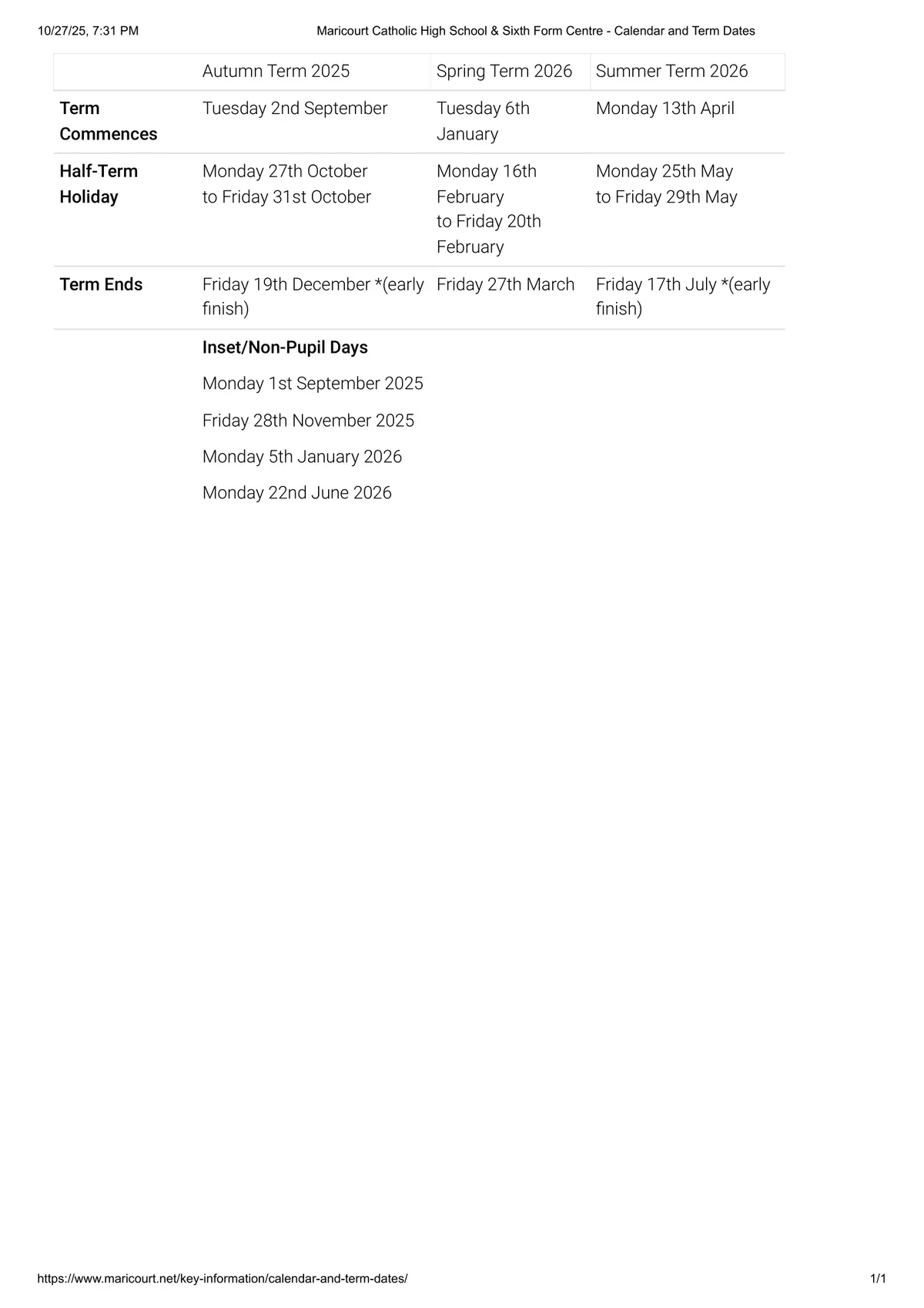 Maricourt Catholic High School term dates
