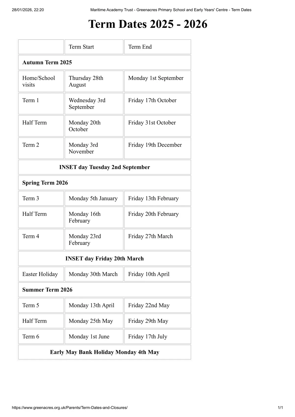 Greenacres Primary Academy term dates