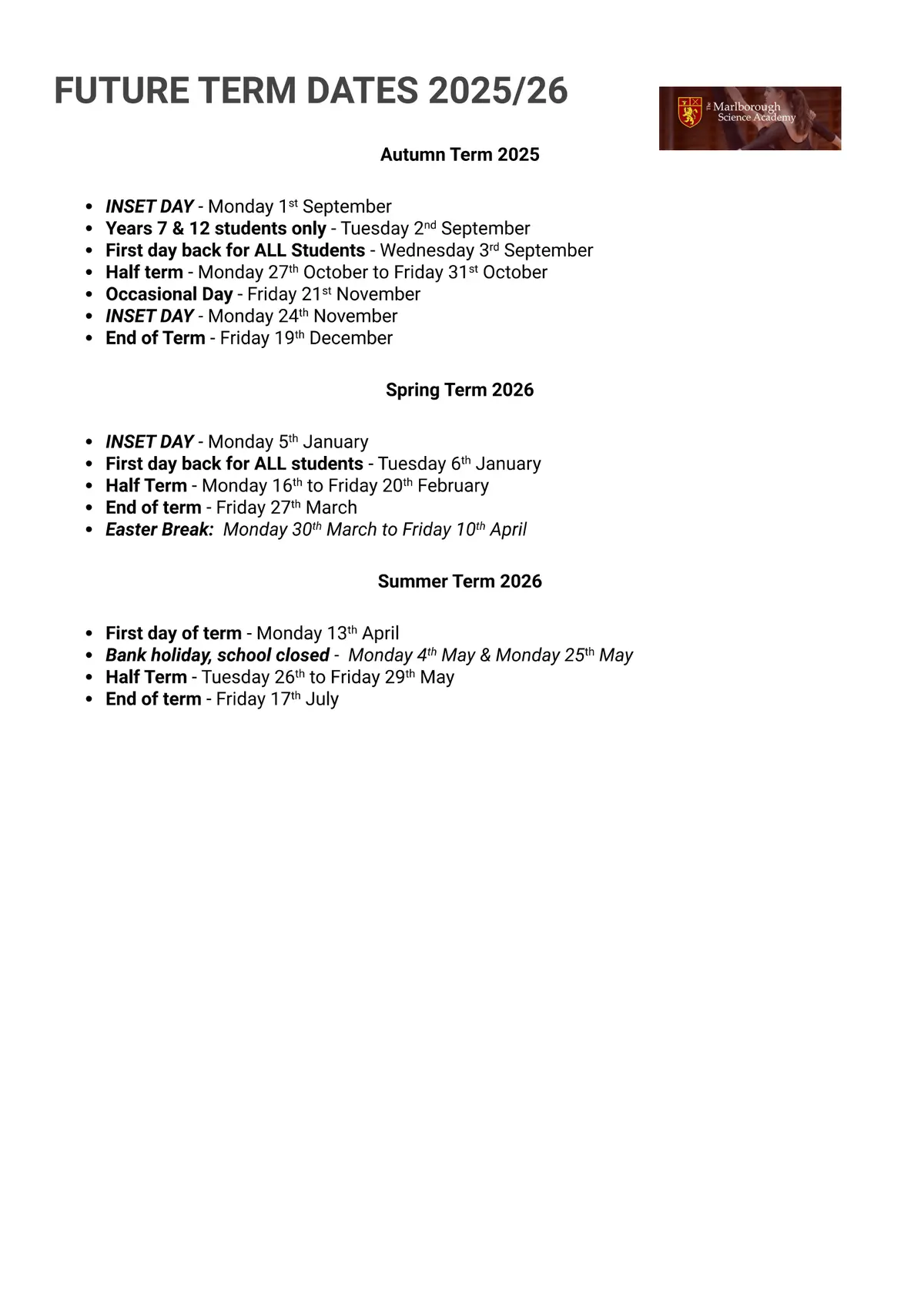 The Marlborough Science Academy term dates