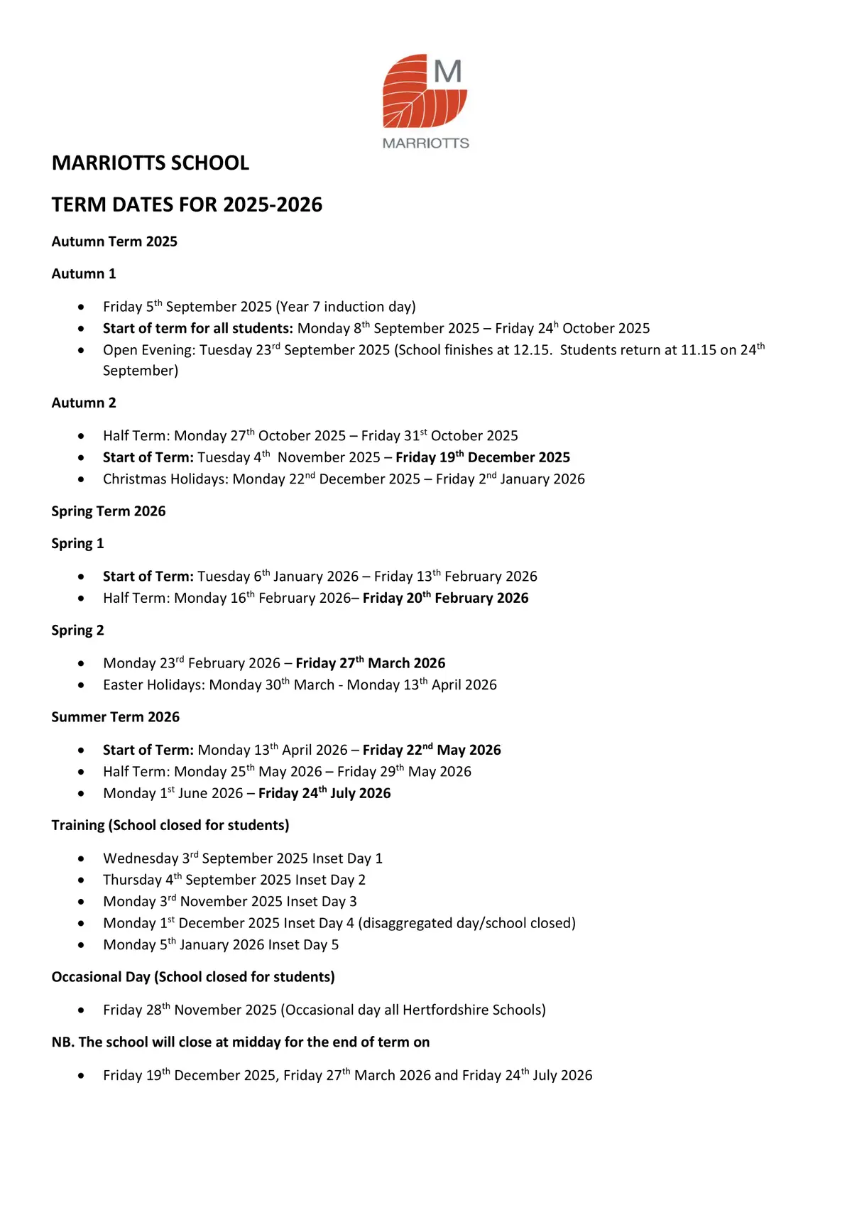 Marriotts School term dates