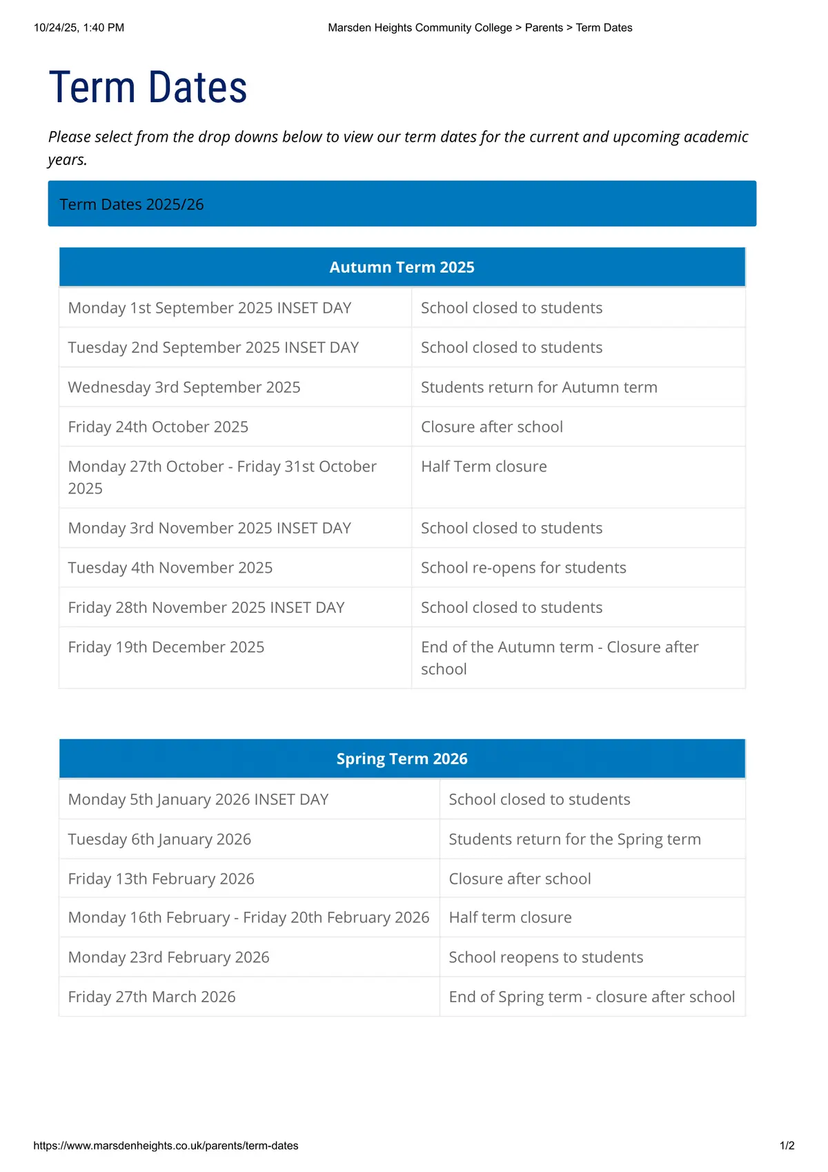 Marsden Heights Community College term dates